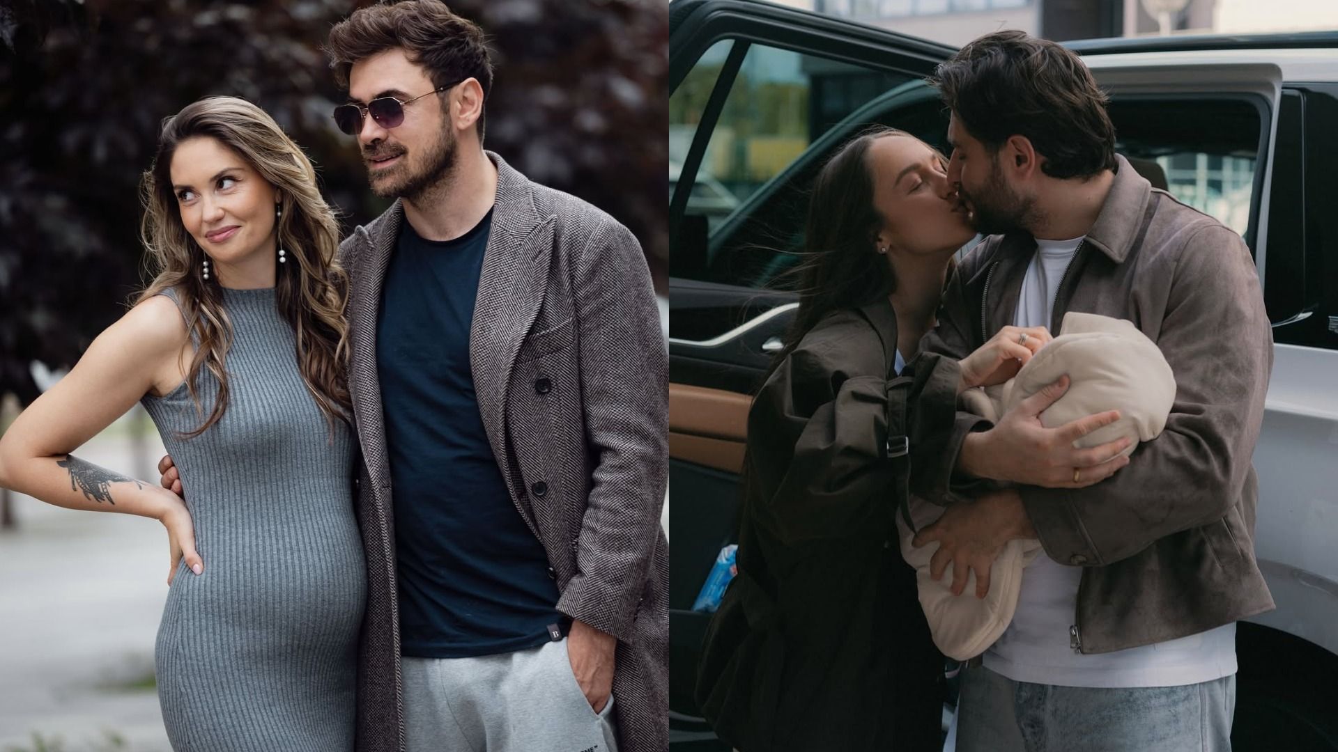 Беременная девушка стоит с парнем, справа пара держит на руках ребенка