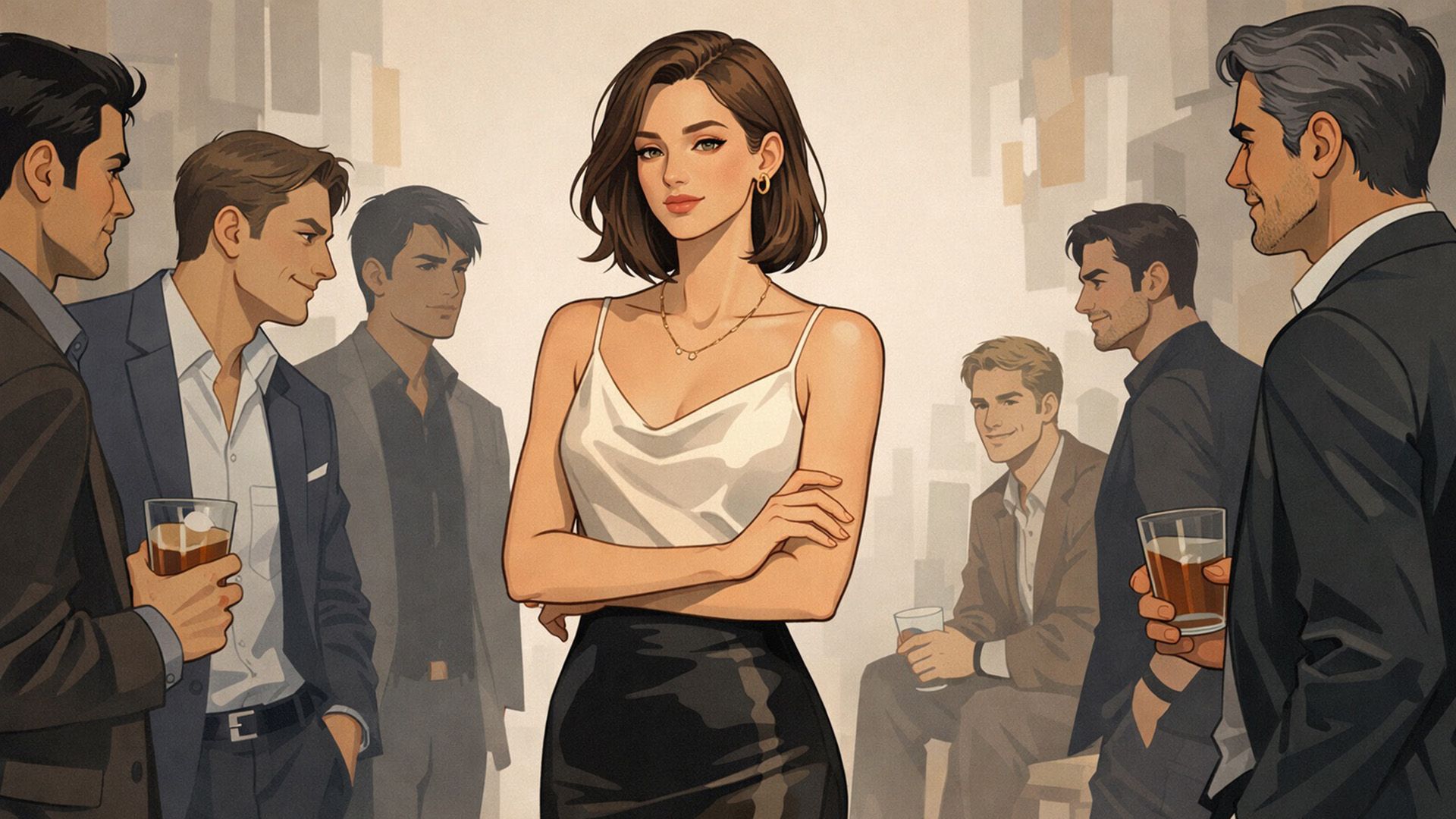 Девушка стоит в центре в уверенной позе, вокруг неё мужчины с интересом смотрят на неё