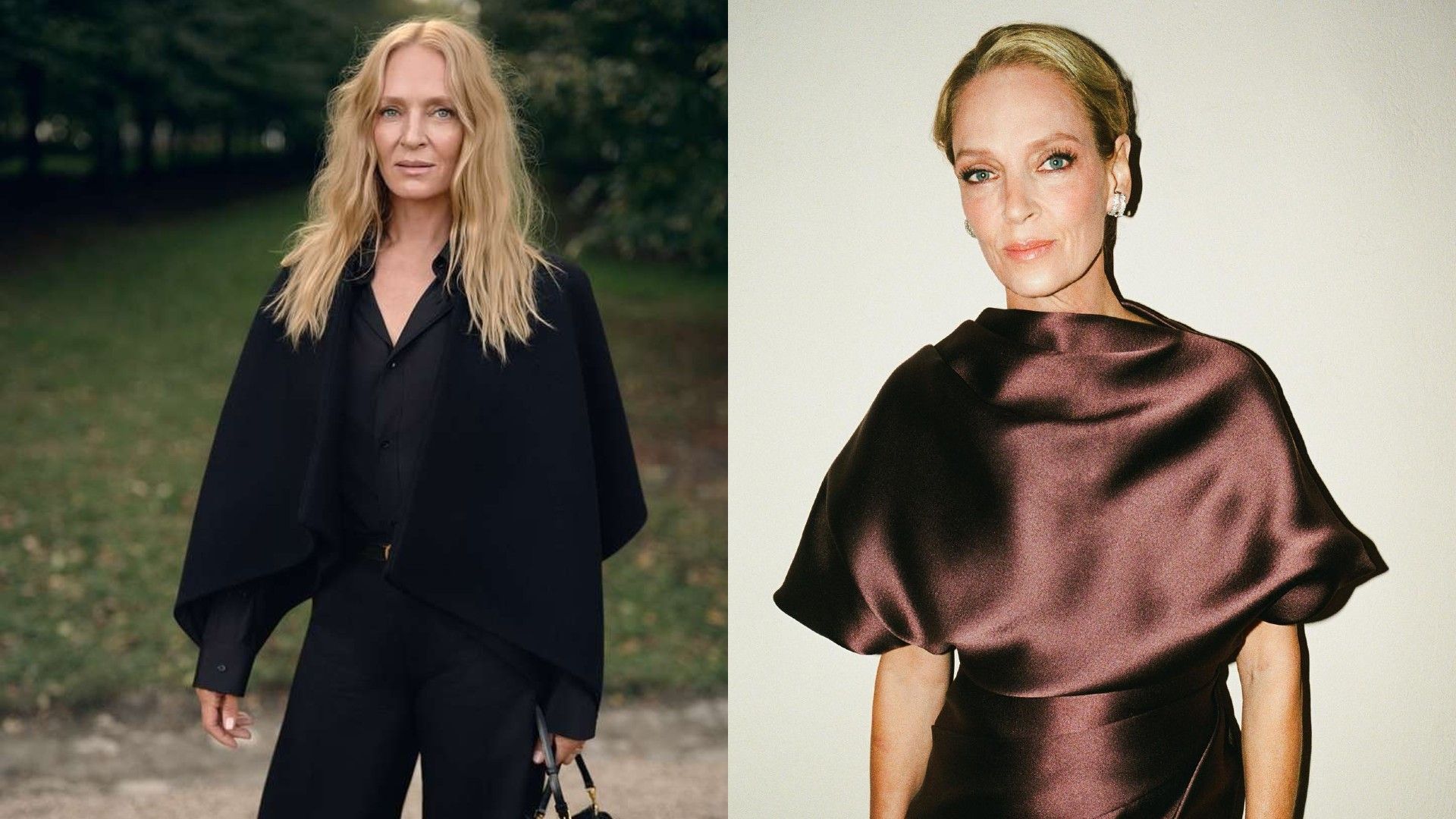 Ума Турман в полный рост, коллаж из двух фото в разных образах