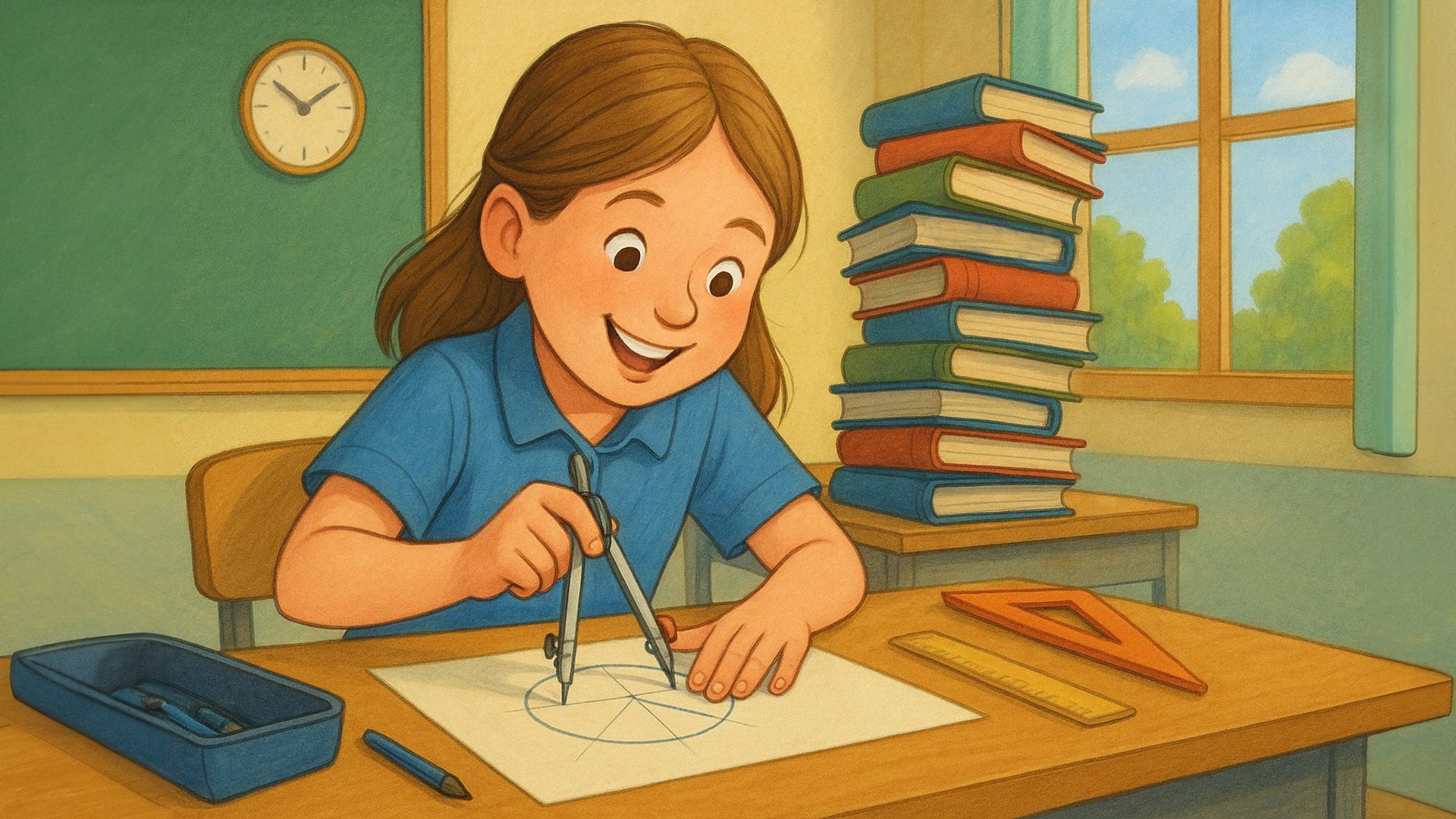 Девочка чертит циркулем за школьной партой, позади неё стопка учебников