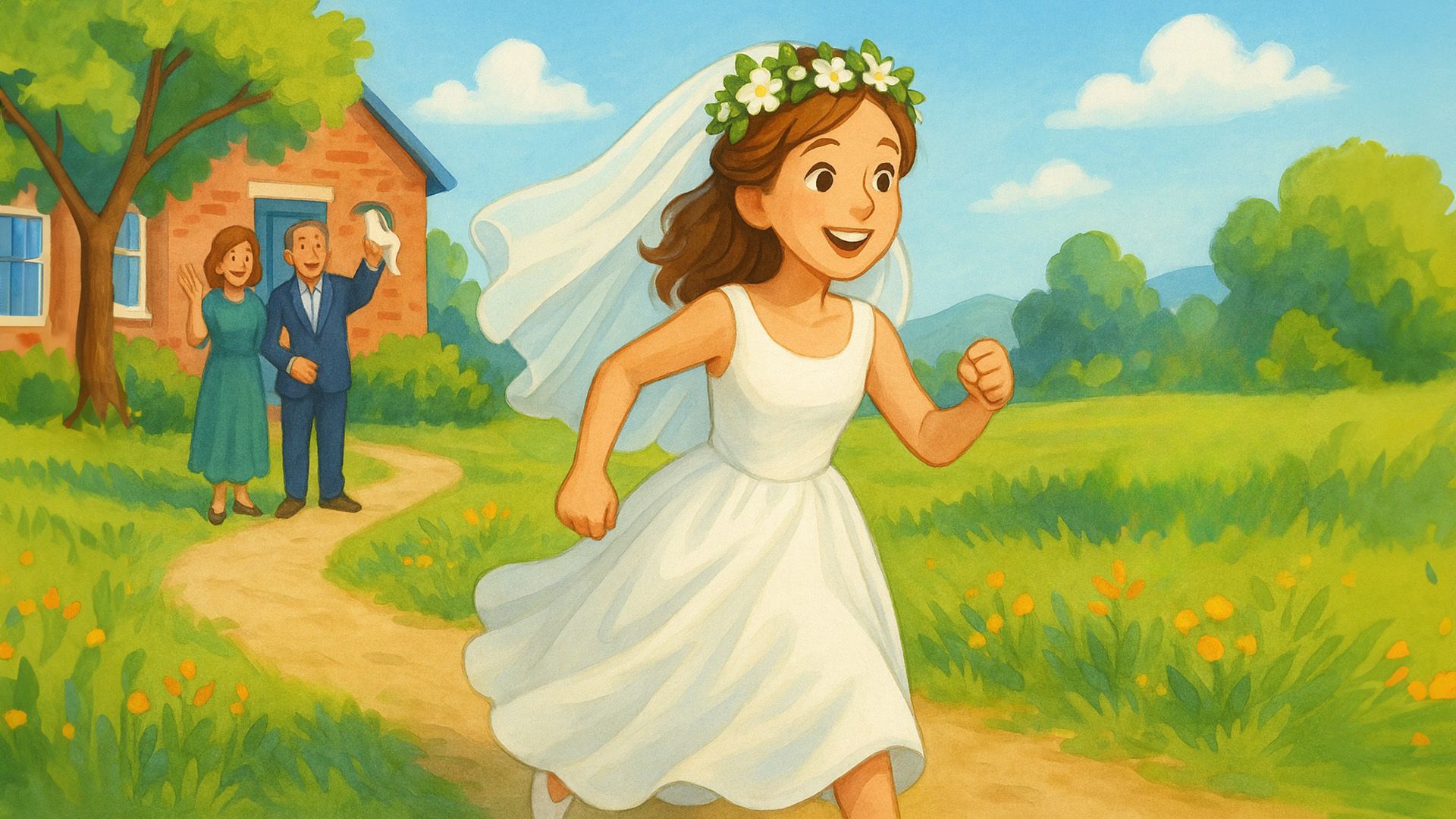 Девушка в свадебном платье убегает из дома, возле которого стоят родители и машут ей на прощанье