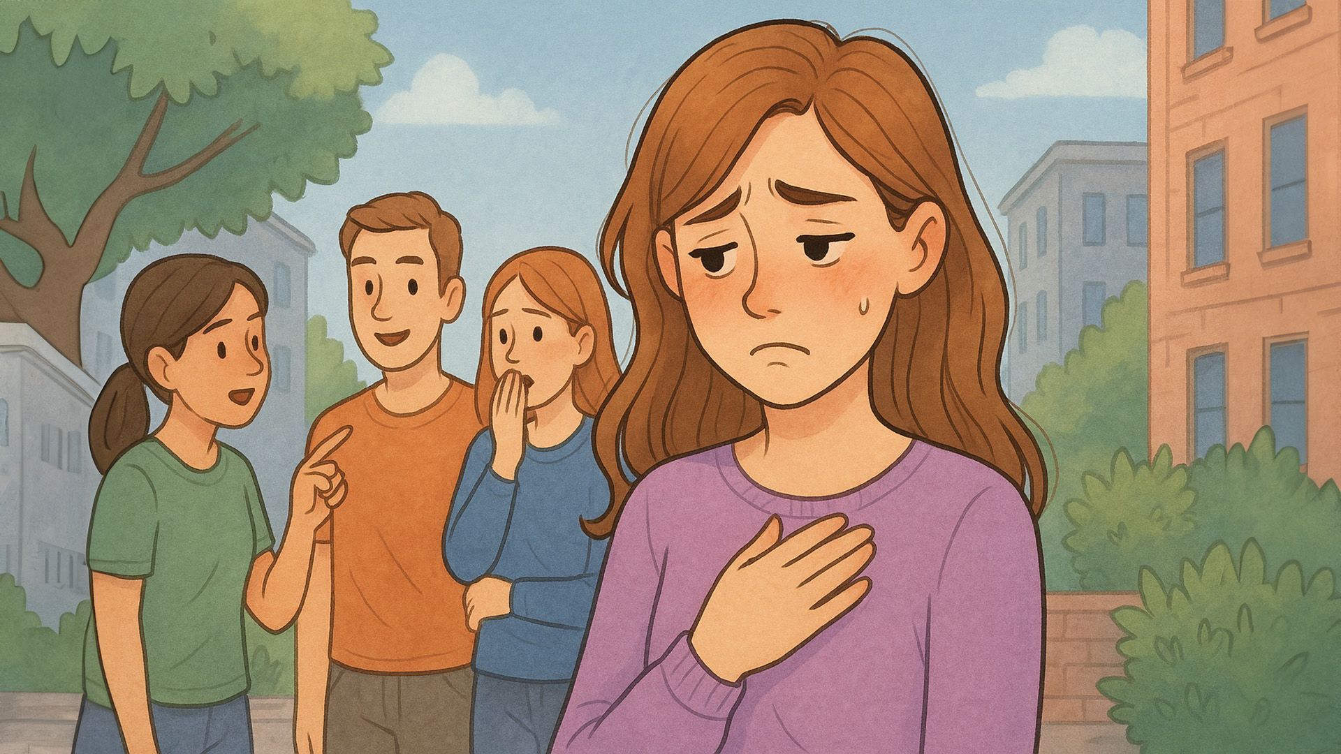 Девушка стоит с грустным лицом, а позади неё переговариваются люди