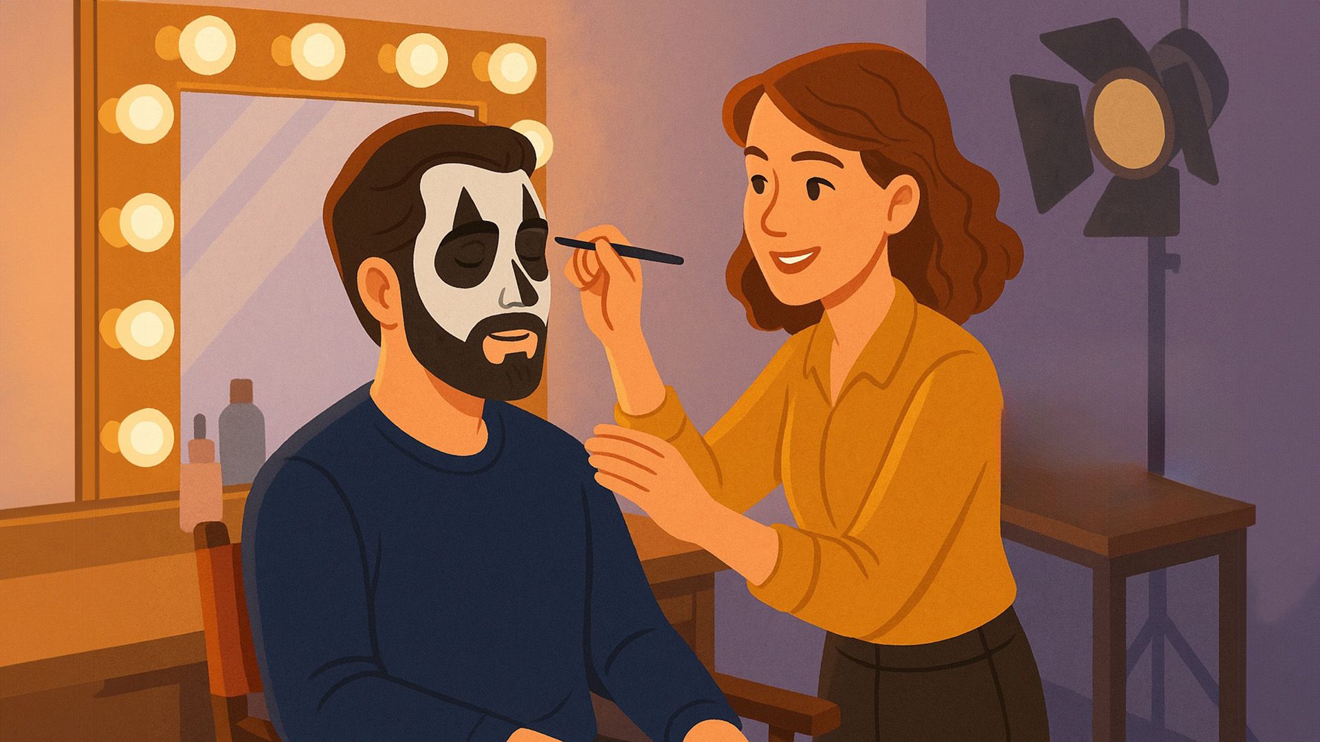 Девушка наносит грим на лицо актера, сидящего в кресле перед зеркалом с лампочками