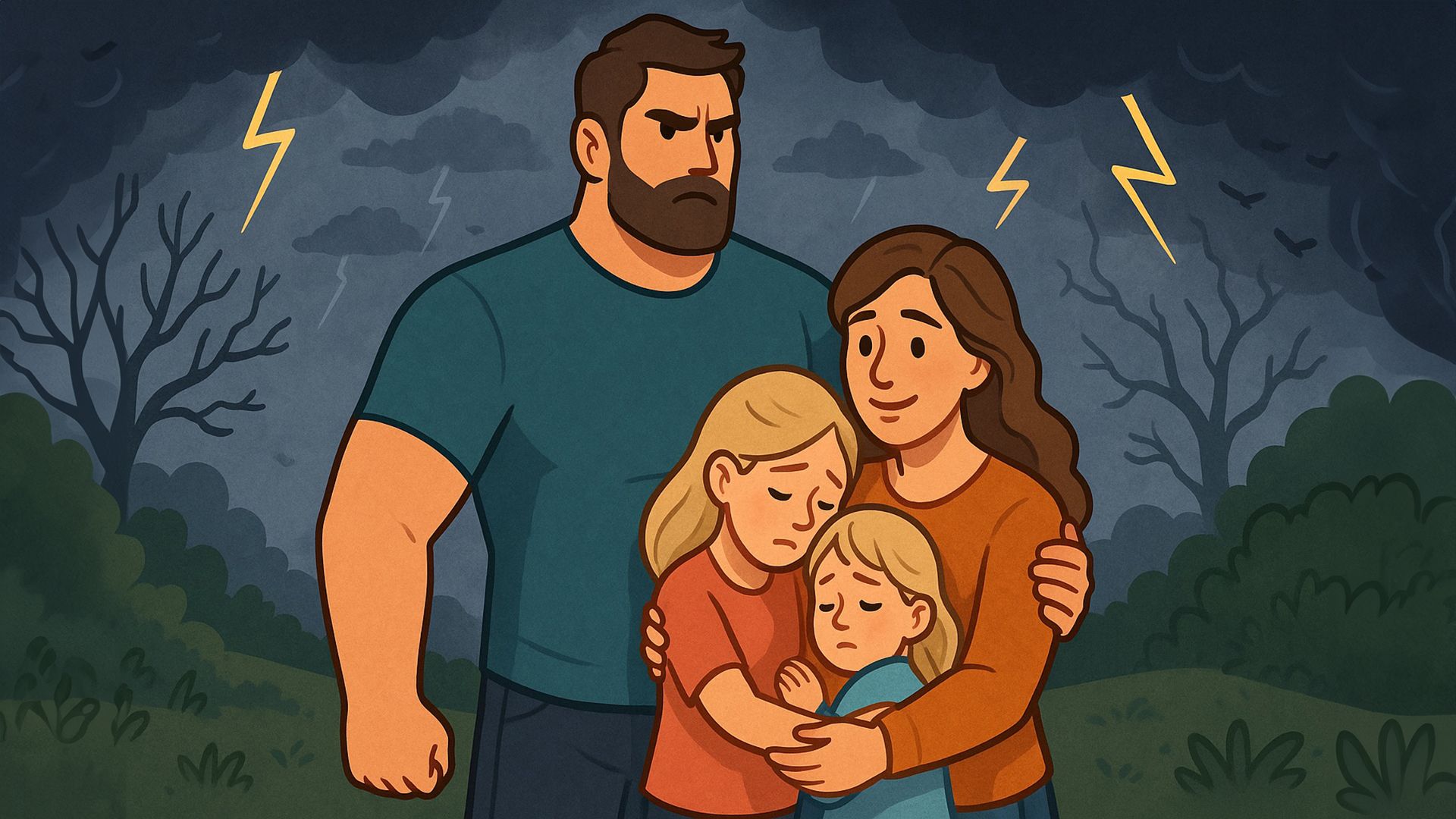 Высокий суровый мужчина укрывает от грозы с молниями женщину и двух детей
