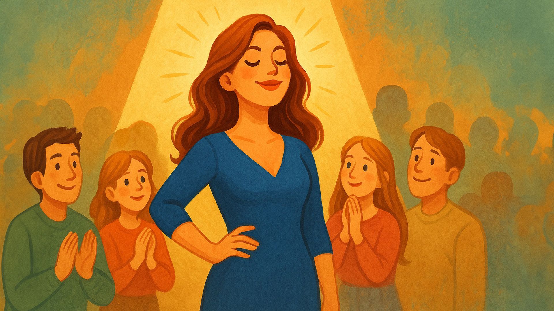 Женщина в синем платье стоит в уверенной позе в окружении восхищённых людей