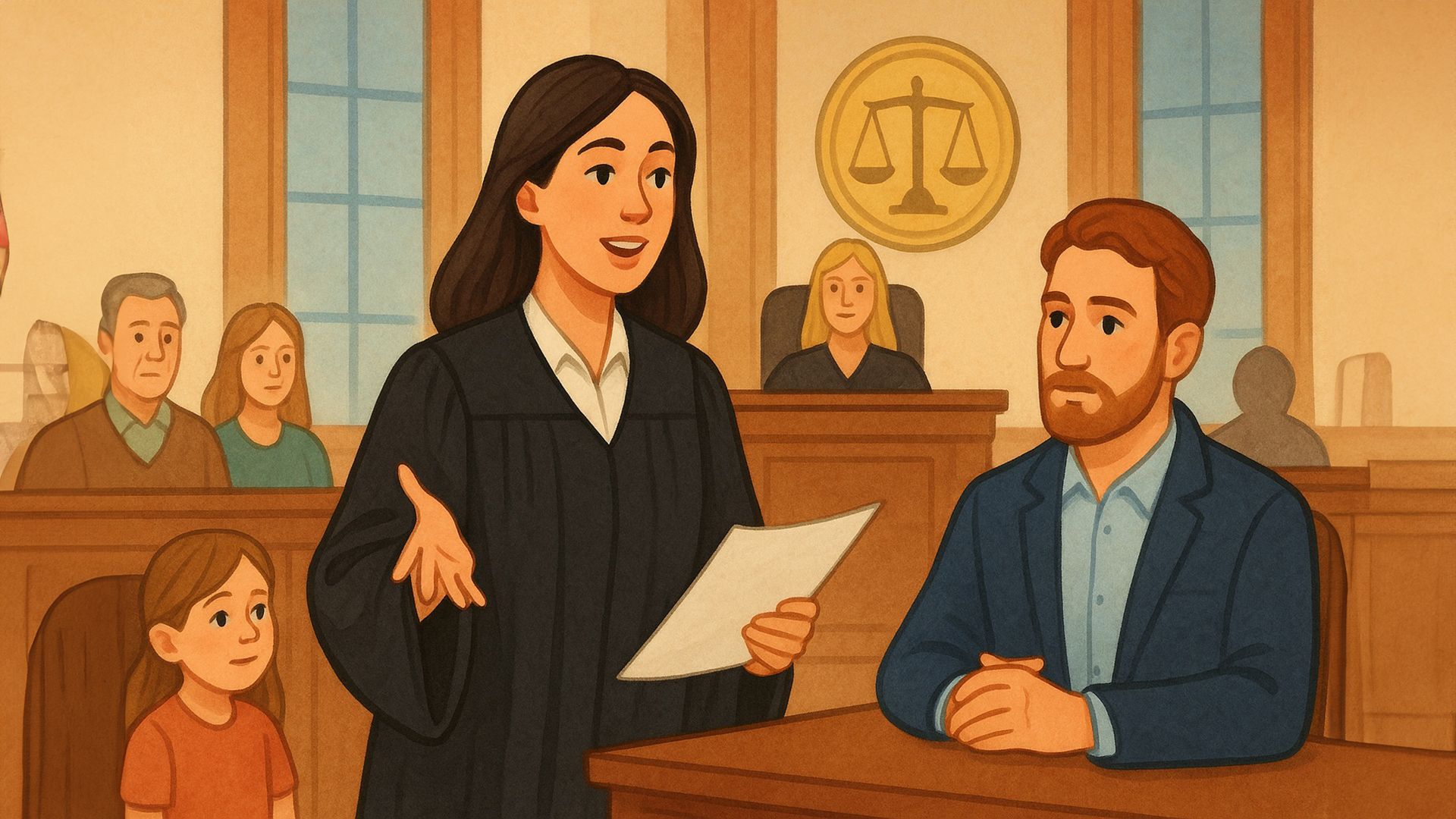 Женщина в адвокатской мантии защищает в суде клиента