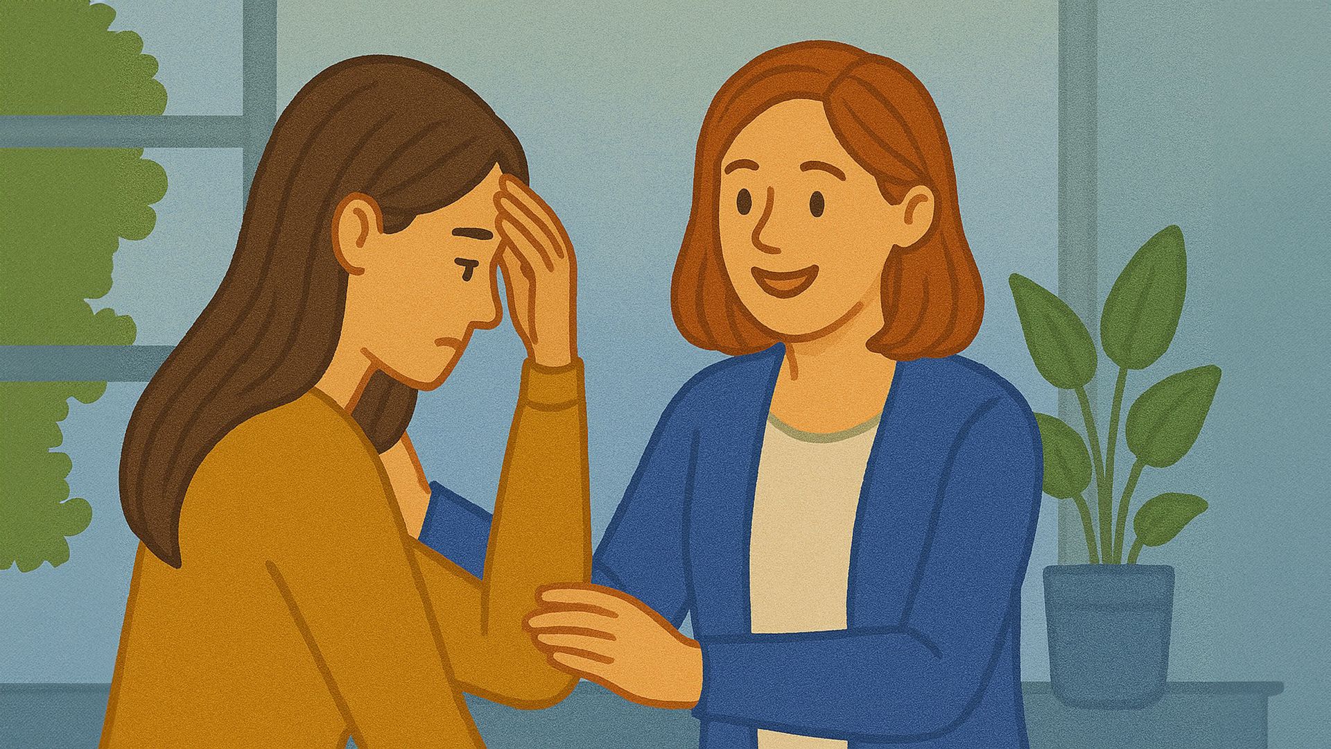 Женщина с улыбкой выслушивает и утешает другую женщину