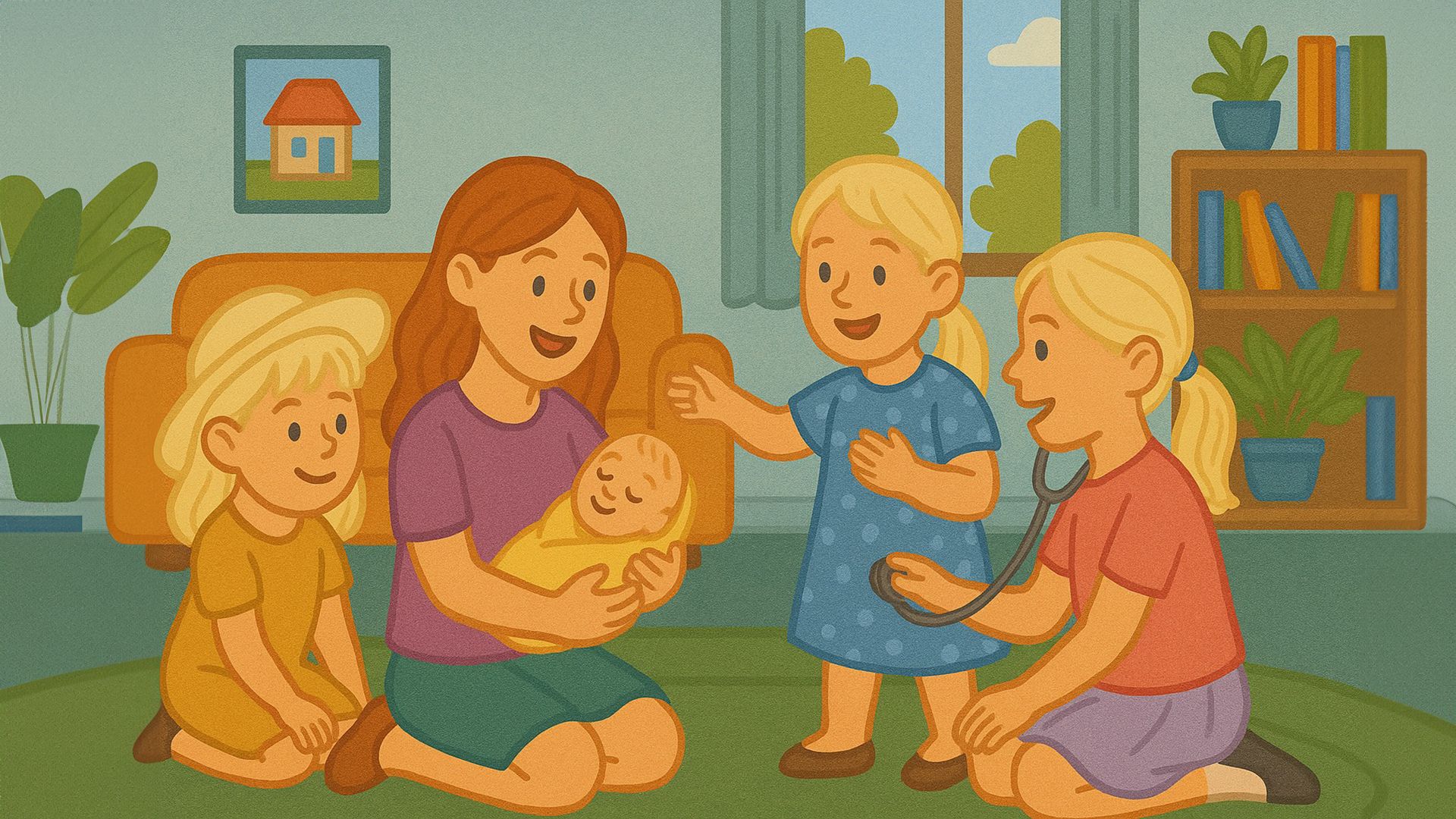 Четыре девочки играют в доме в дочки-матери, у одной на руках пупс