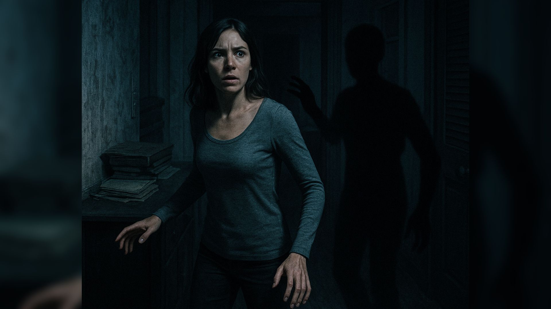 Нарисованная девушка в темной комнате и тень