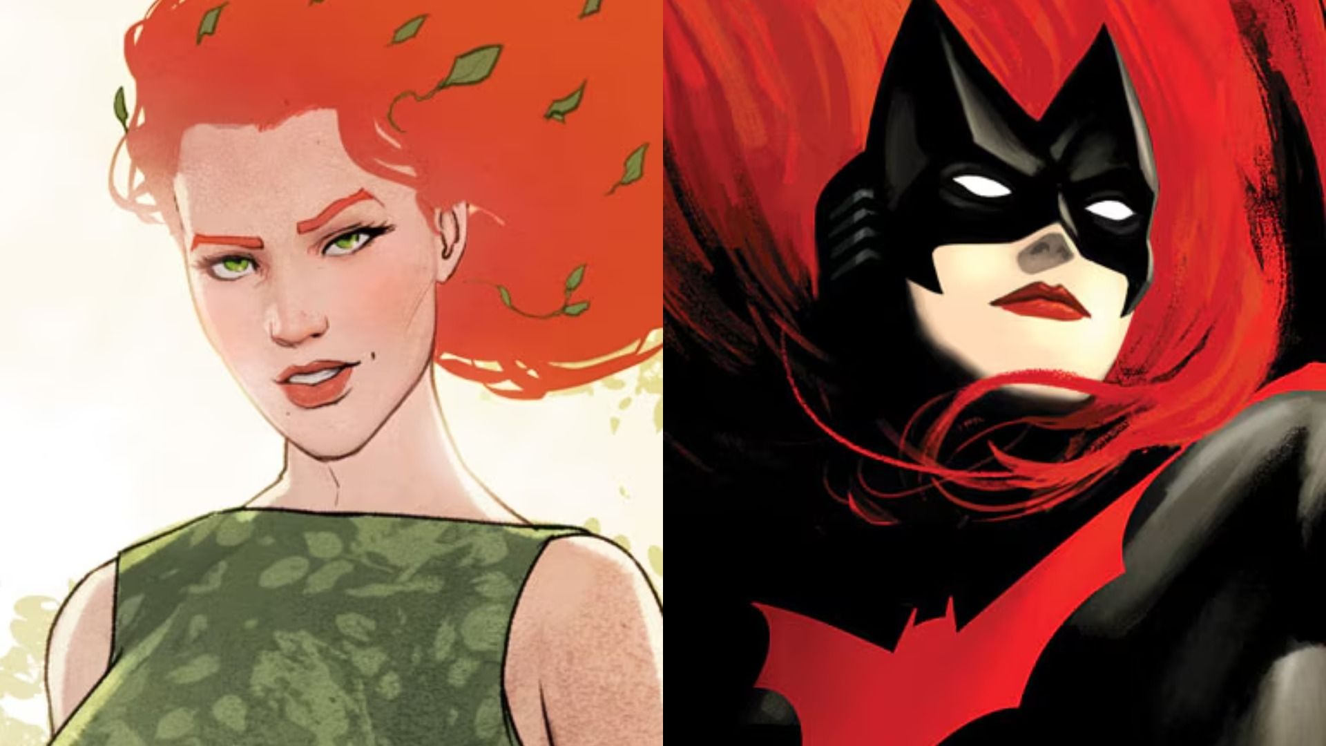 Нарисованная девушка в зеленом платье, справа нарисованная девушка в черном супергеройском костюме