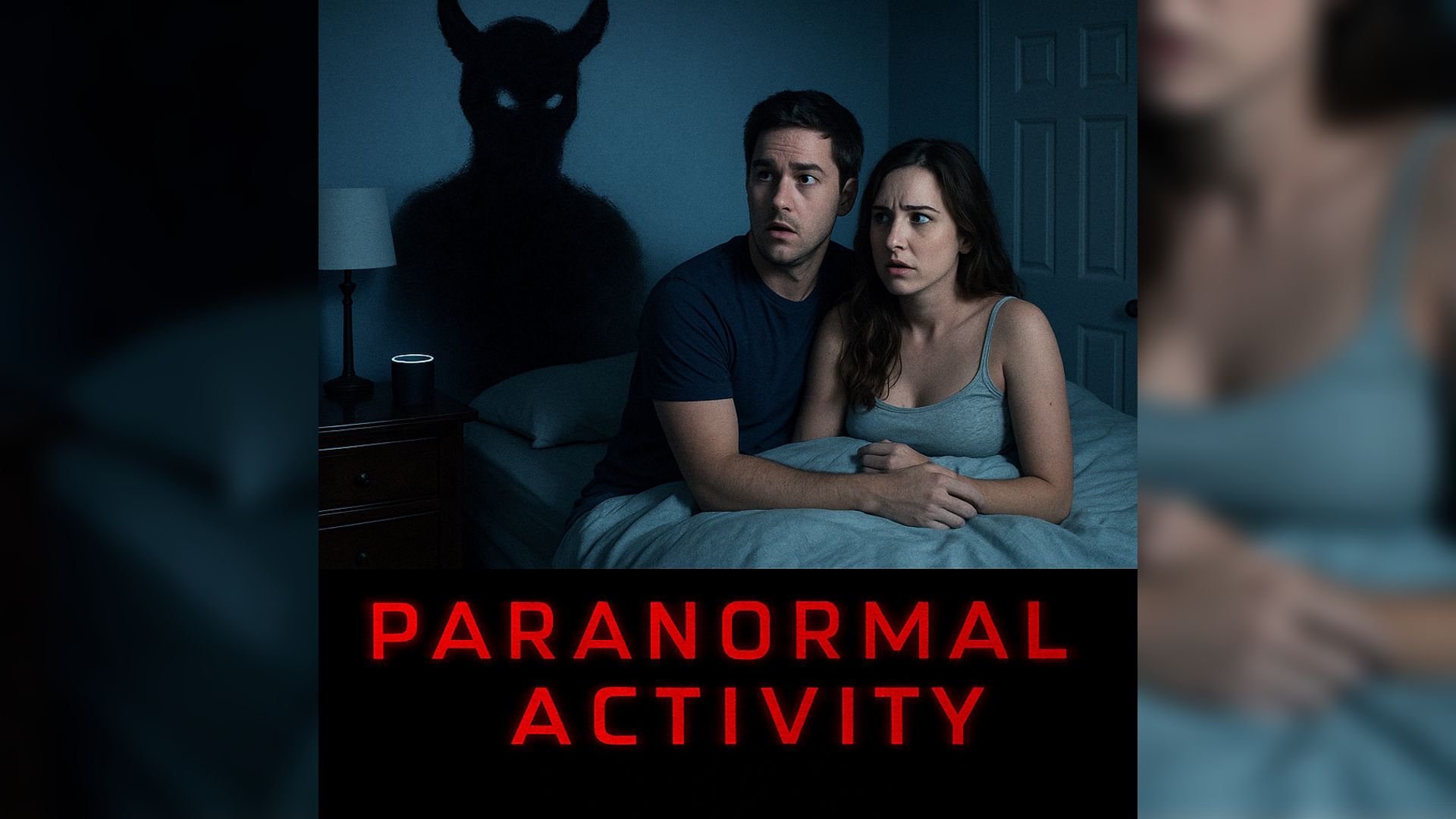 Парень и девушка сидят на кровати и смотрят на страшную тень с рогами