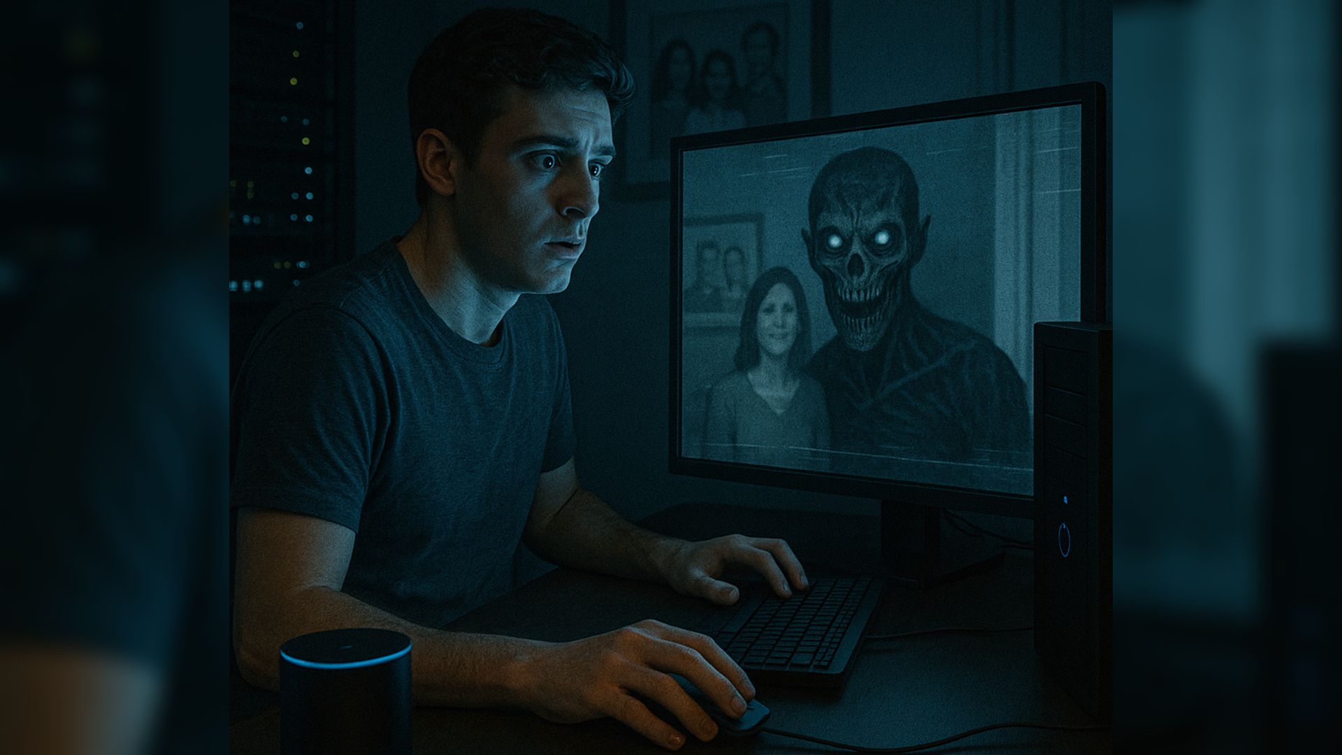 Мужчина сидит за компьютером и испуганно смотрит в монитор