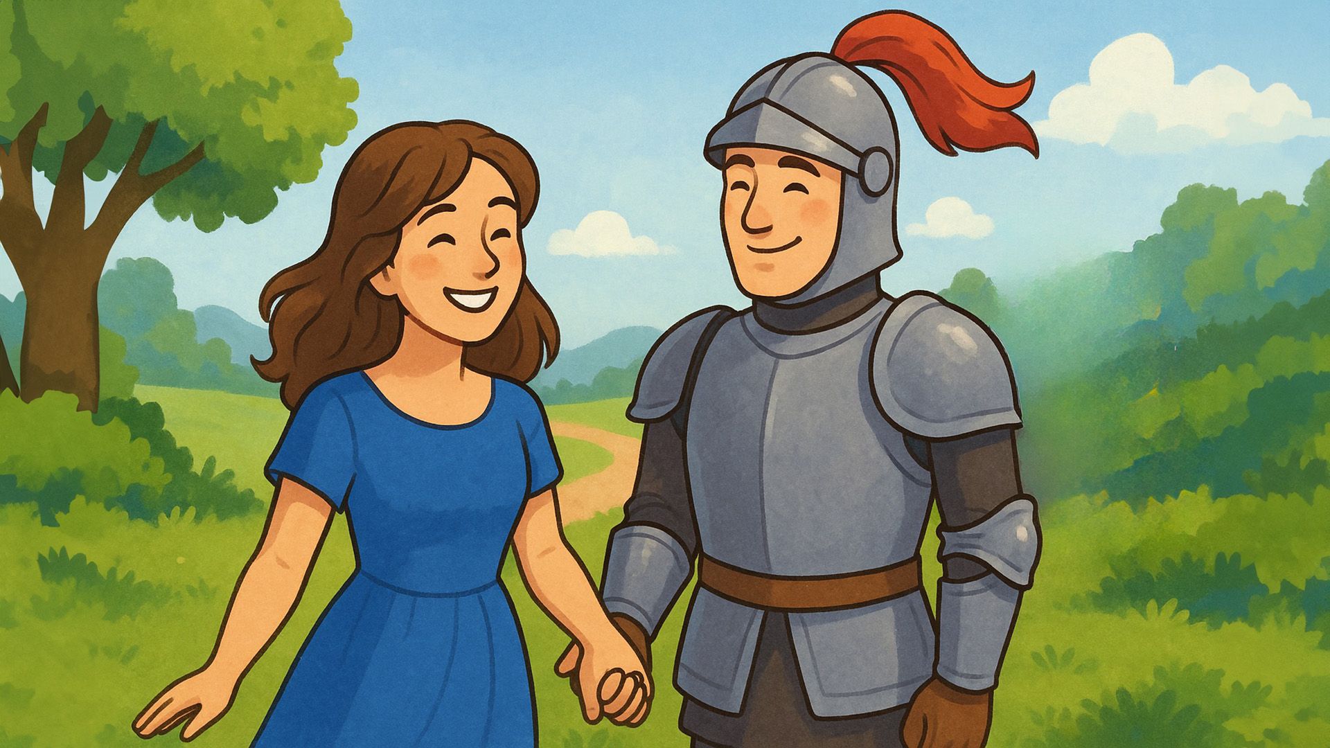 Счастливая девушка и мужчина в рыцарских доспехах держатся за руки