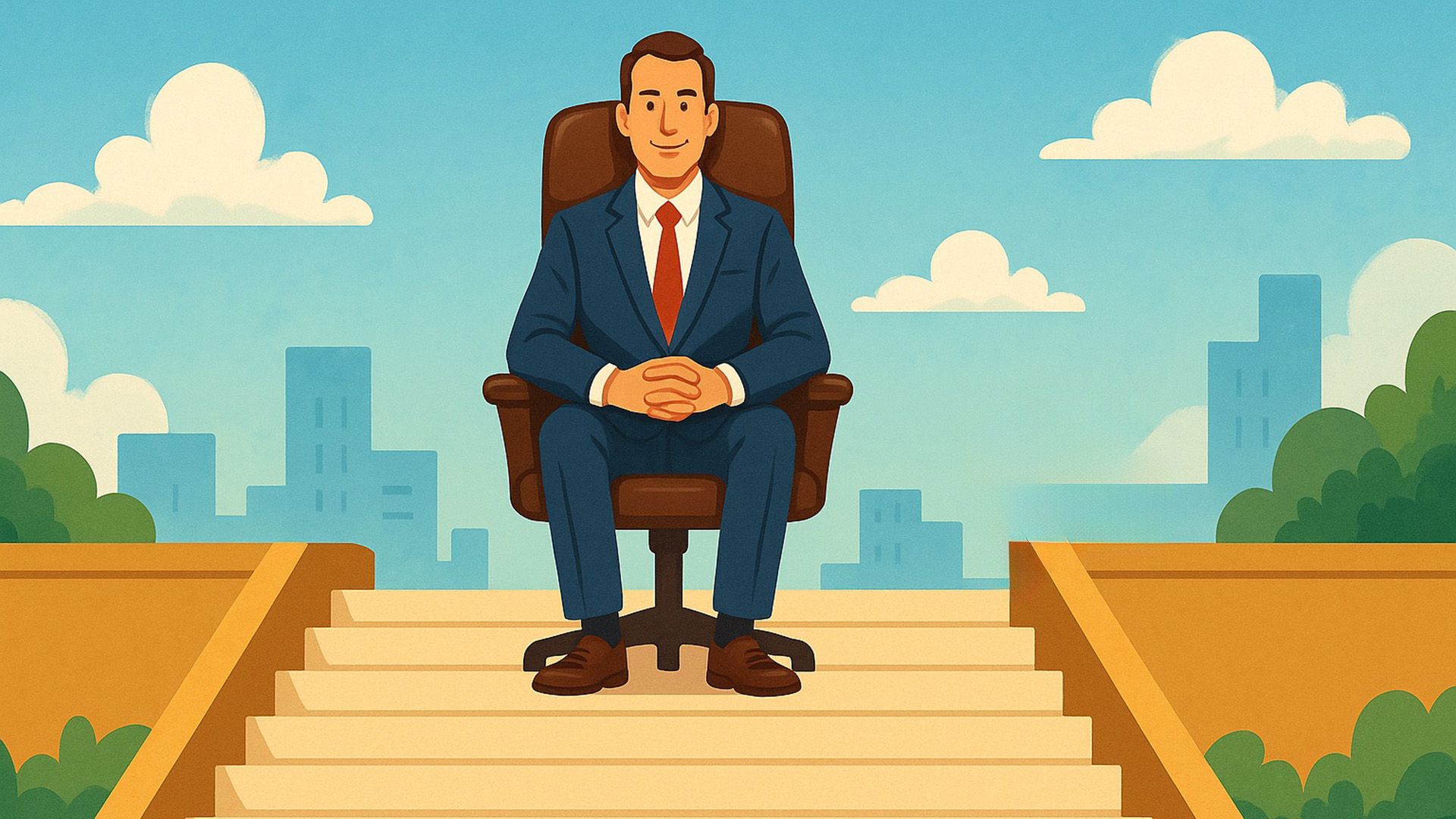 Мужчина сидит в кресле руководителя на вершине лестницы