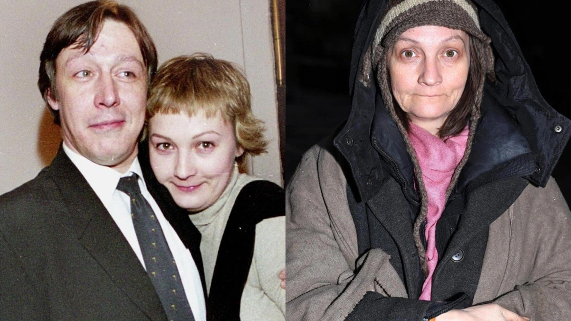 Слева молодые Ксения Качалина и Михаил Ефремов обнимаются, справа Ксения Качалина через много лет