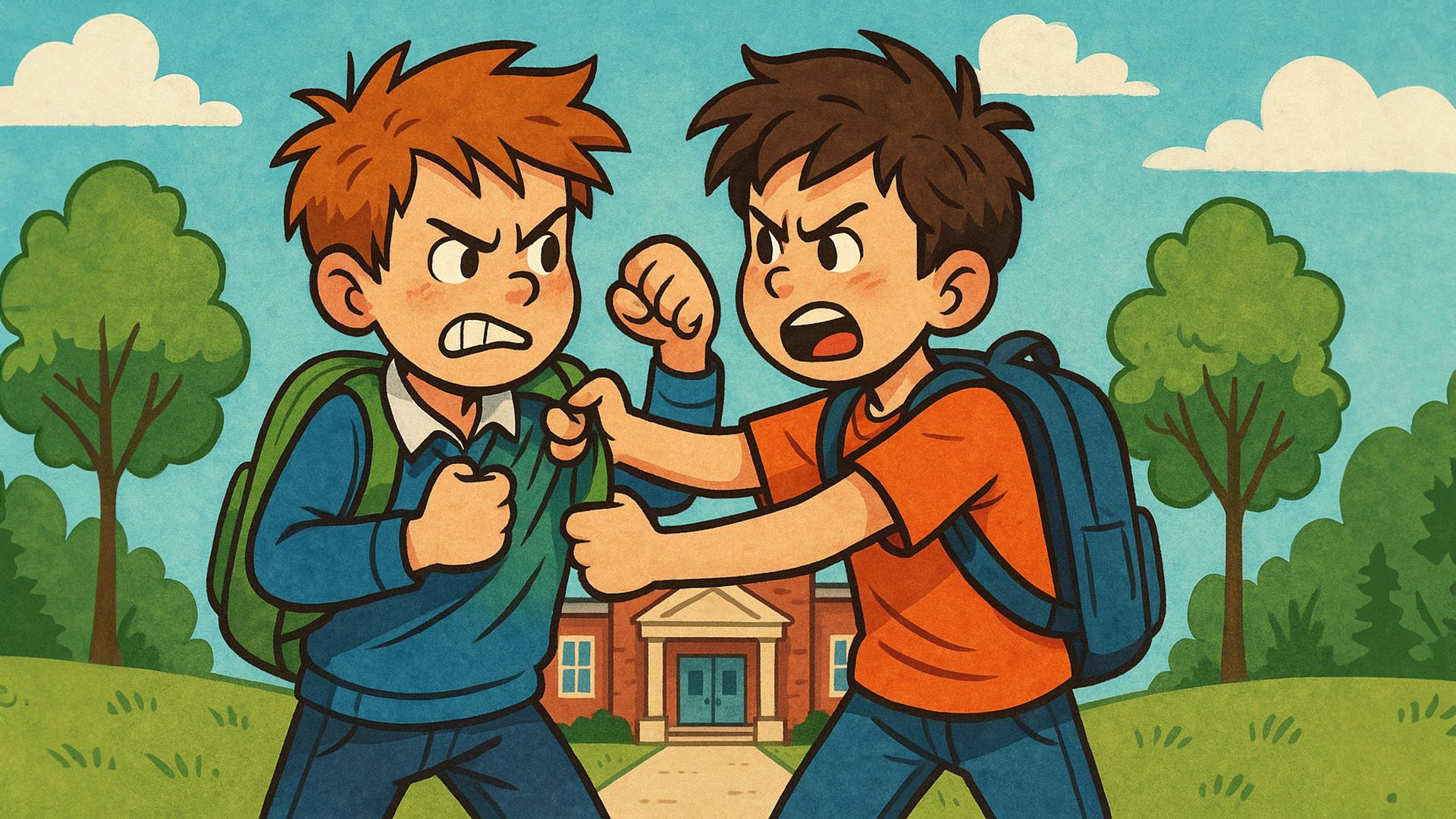 Два мальчика дерутся на фоне здания школы