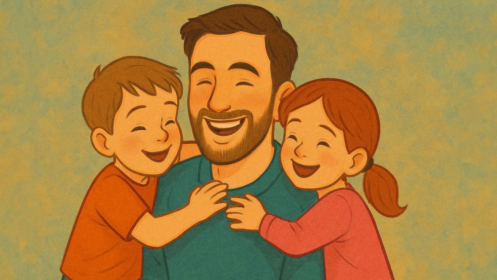 Мальчик и девочка обнимают счастливого отца