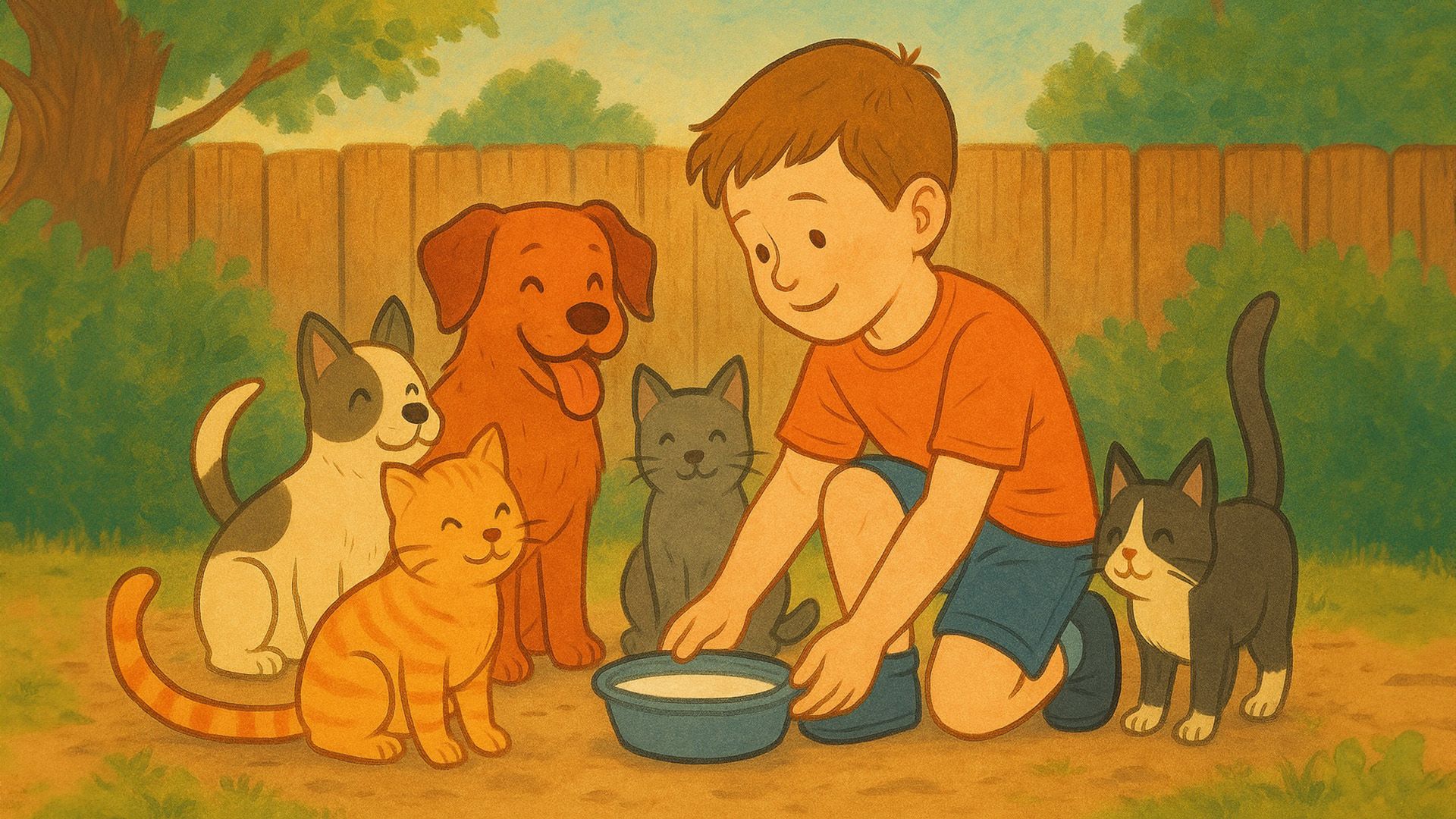 Маленький мальчик кормит дворовых кошек и собак