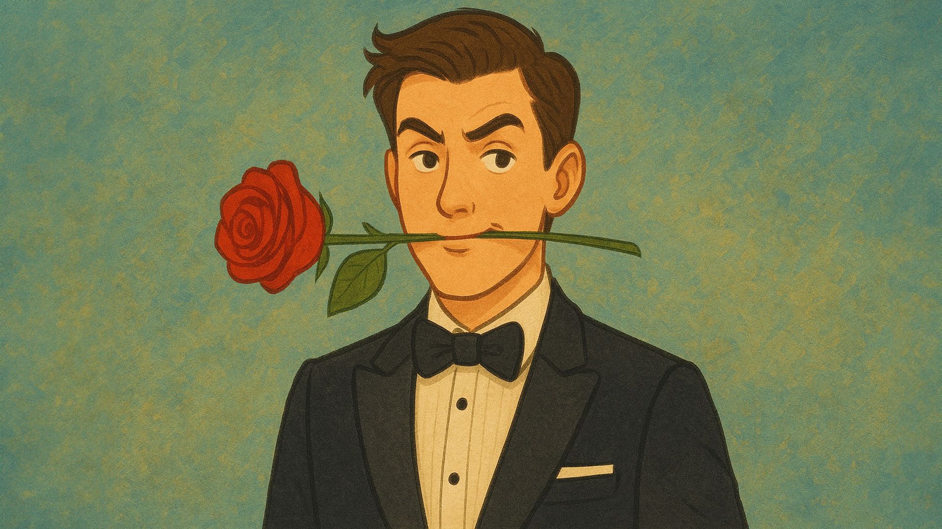 Мужчина в смокинге и с красной розой в зубах