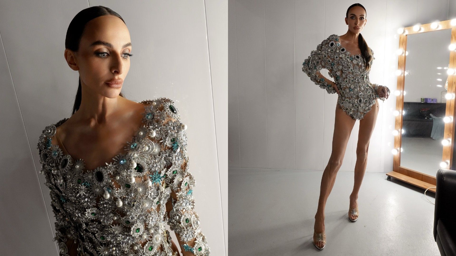 Екатерина Варнава в белом боди со стразами позирует перед камерой