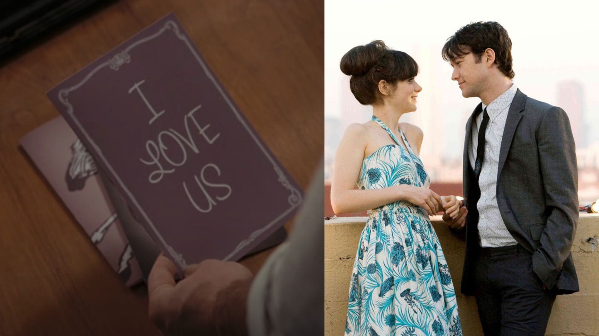 Коллаж: фиолетовая открытка с надписью "I love us"; молодая пара с улыбкой смотрит друг на друга