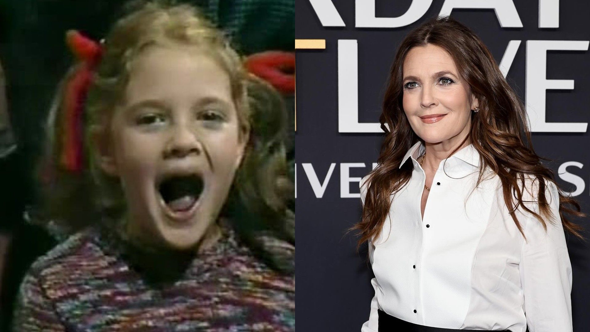 Фото актрисы Дрю Бэрримор в детстве и её фото 2025 года с 50-летия шоу SNL