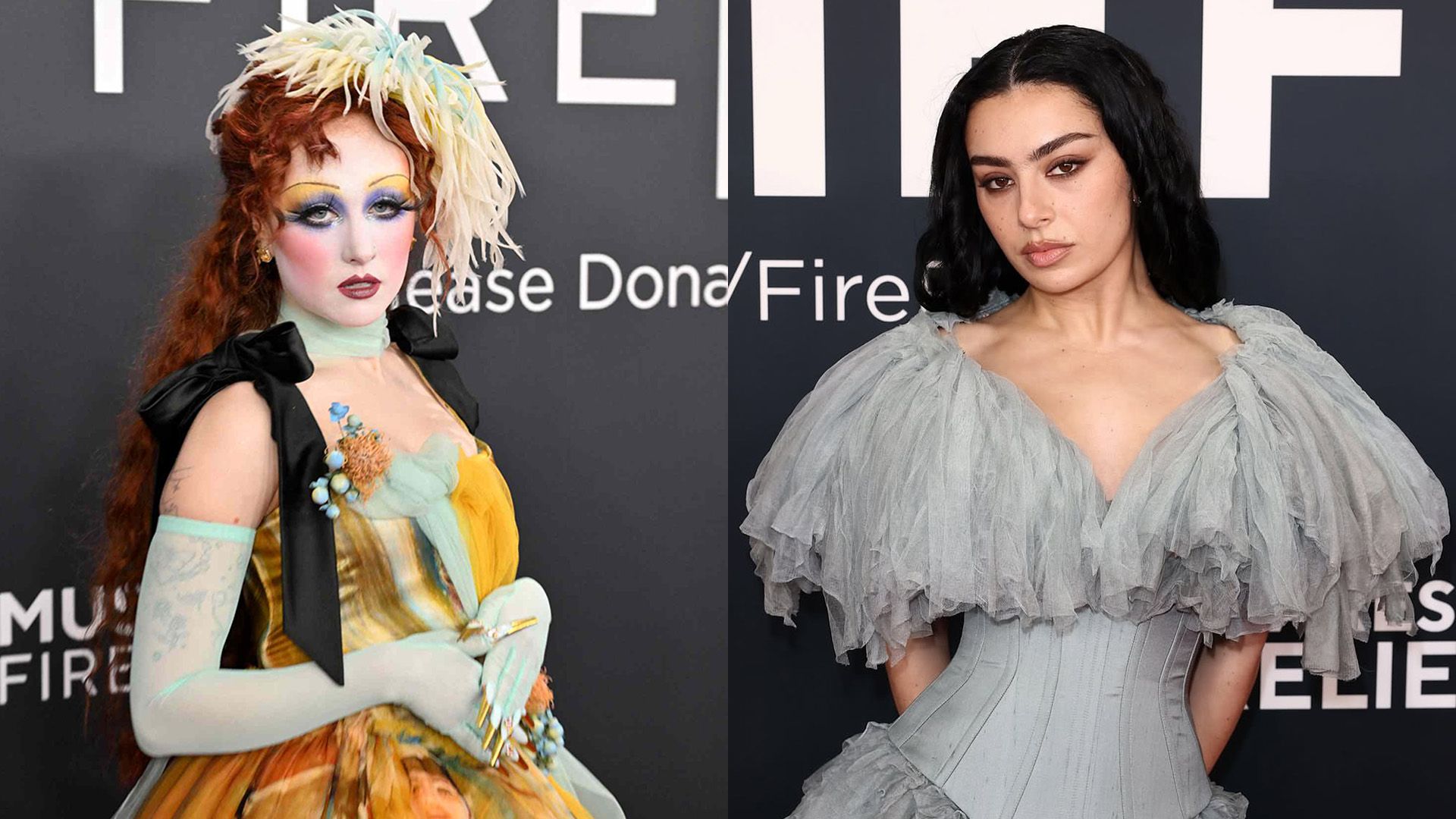 Чаппелл Рон с фантазийным макияжем и в ярком наряде, Charli XCX в сером платье с пышными рукавами
