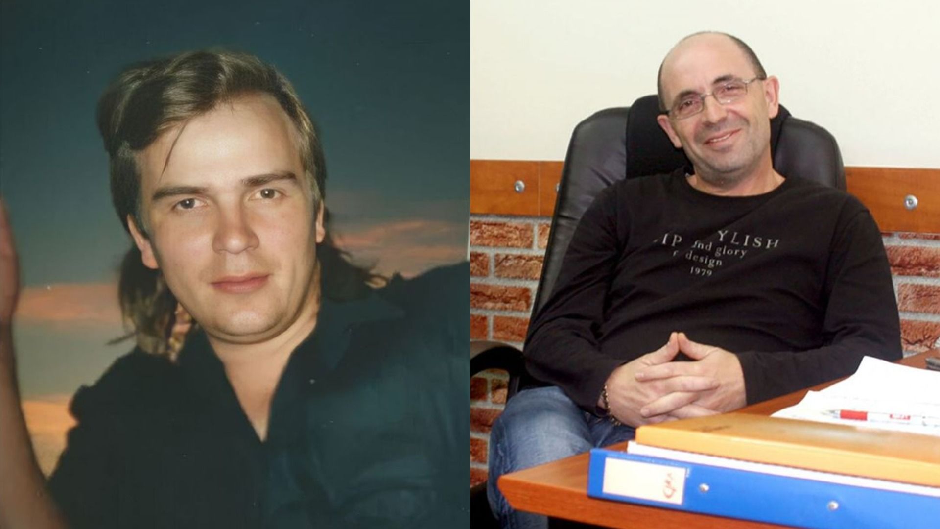 Экс-помощник певицы Азизы Игорь Малахов в черной рубашке на фоне облаков и экс-директор Игоря Талькова Валерий Шляфман улыбается, сидя за столом