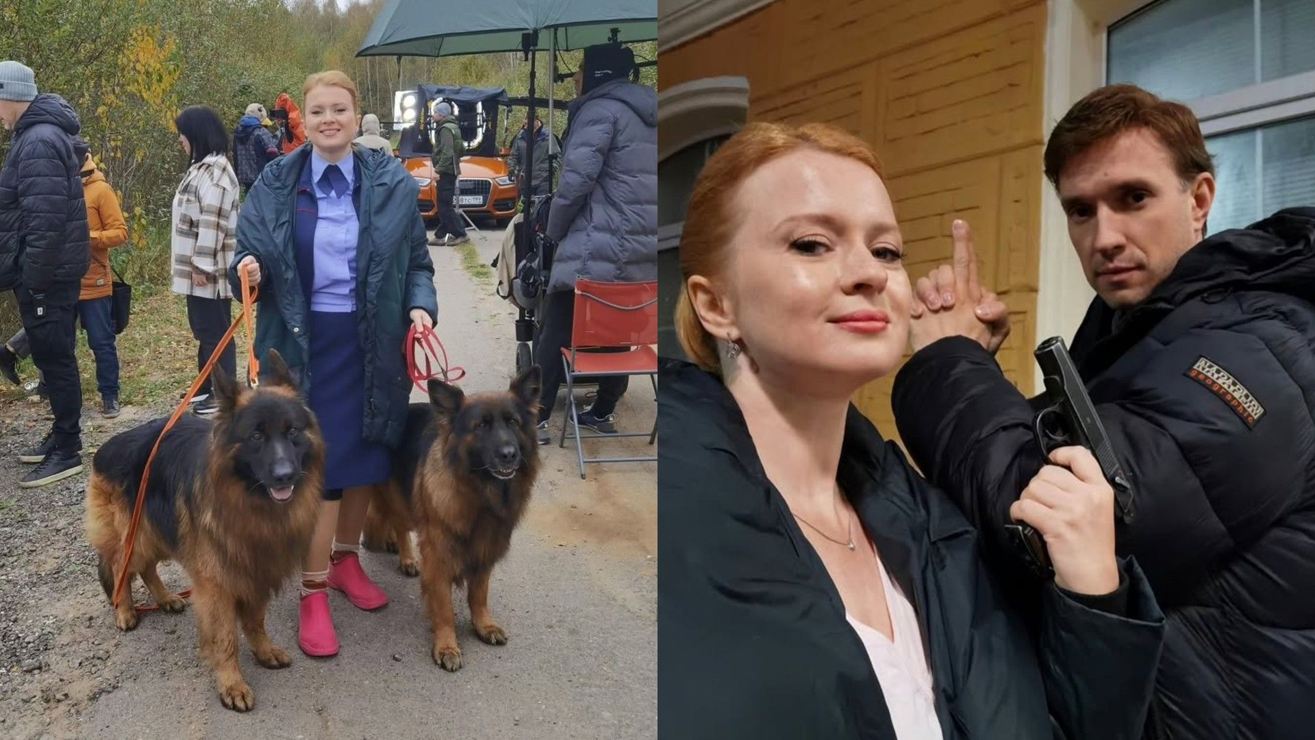 Слева Екатерина Копанова держит на поводках двух овчарок, справа она позирует в полицейской форме, сзади мужчина с пистолетом