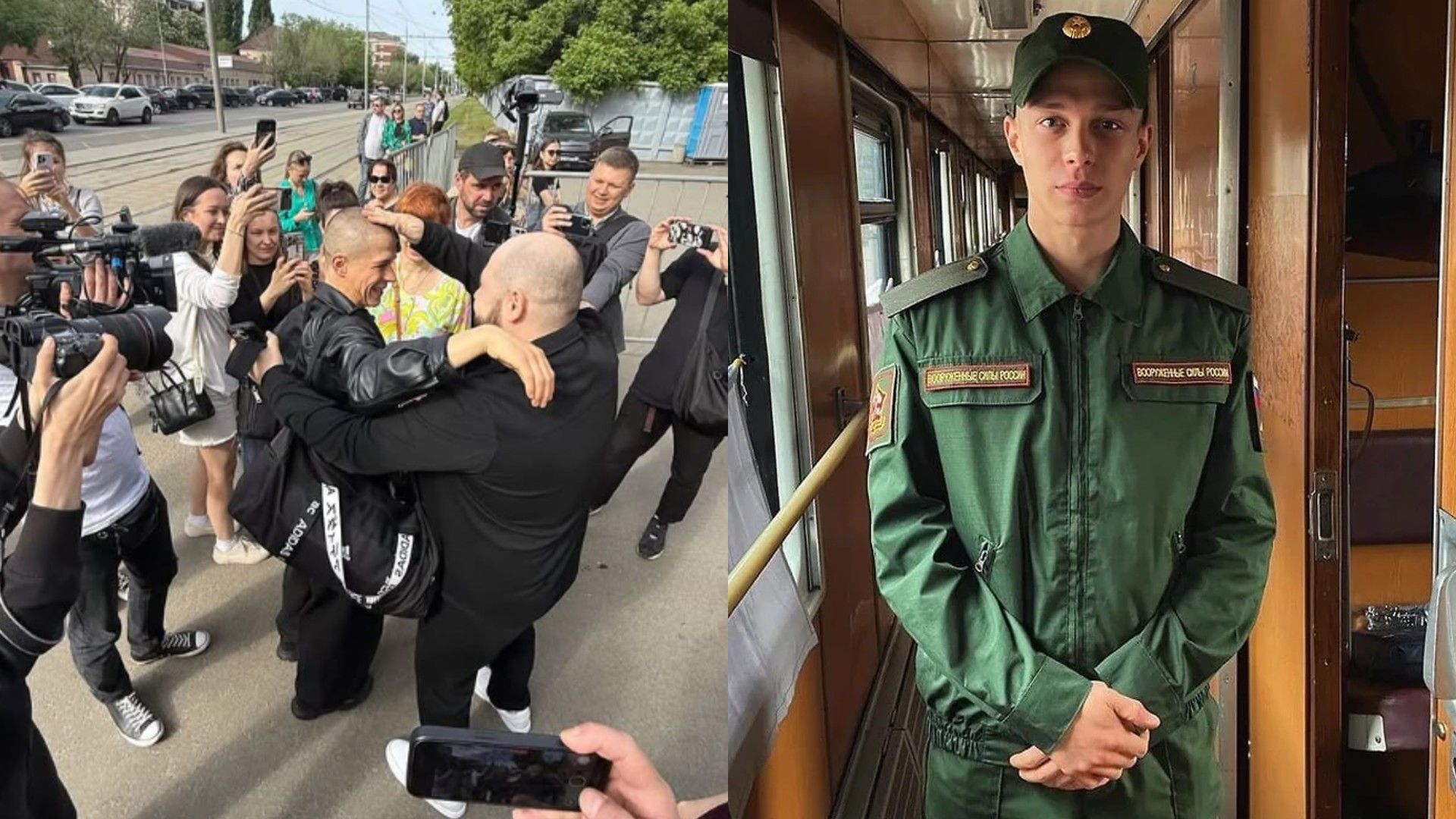 Слева толпа журналистов провожает Глеба Калюжного в армию, справа он в военной форме