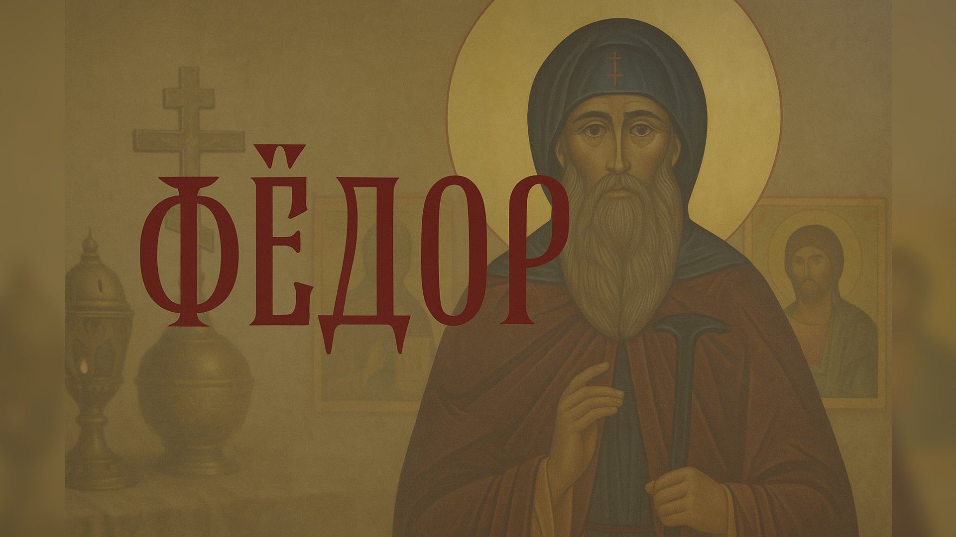 Икона святого с надписью «Фёдор» на фоне церковной утвари и креста