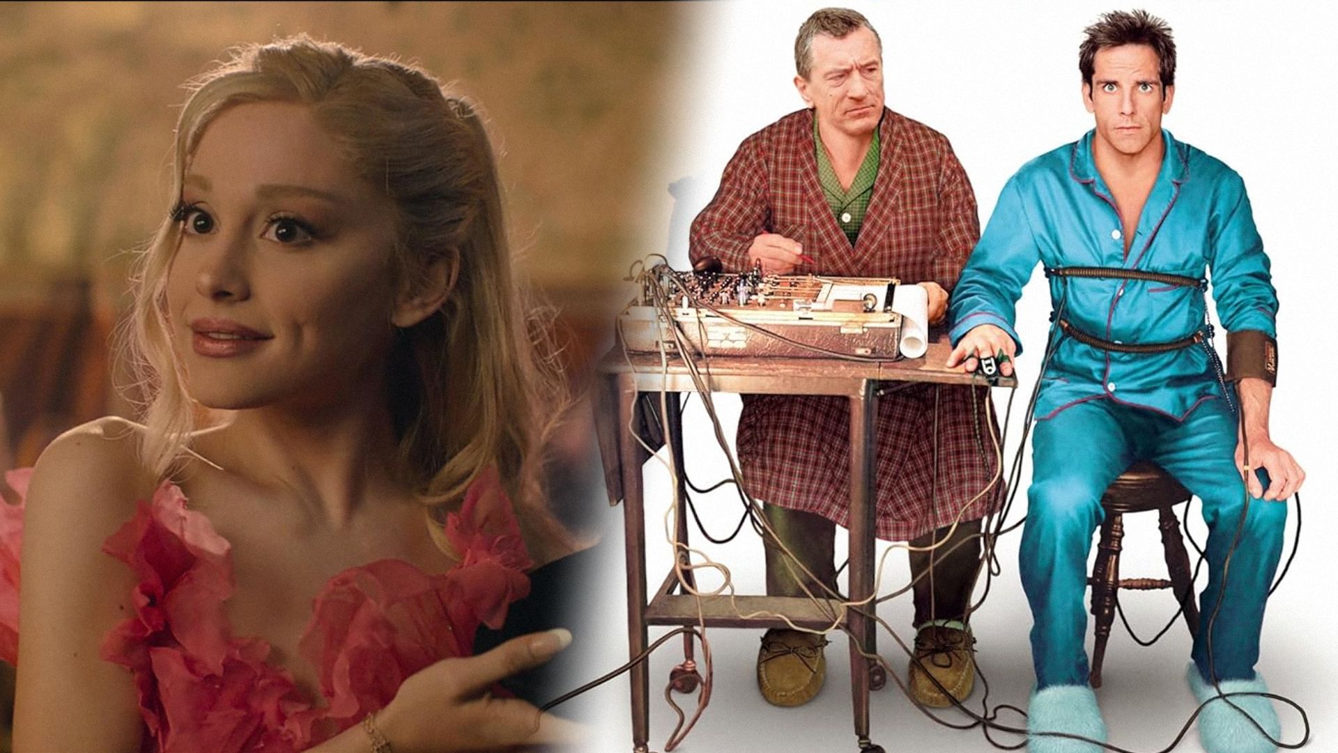 Певица Ариана Гранде в красном платье улыбается, актеры Роберт Де Ниро и Бен Стиллер сидят за столом в ночнушках