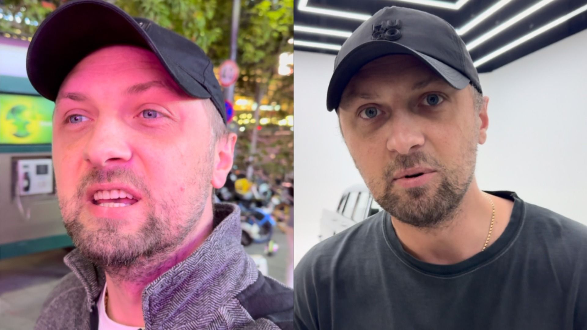 Блогер Александр Зубарев в черной кепке и черной футболке идет по улице