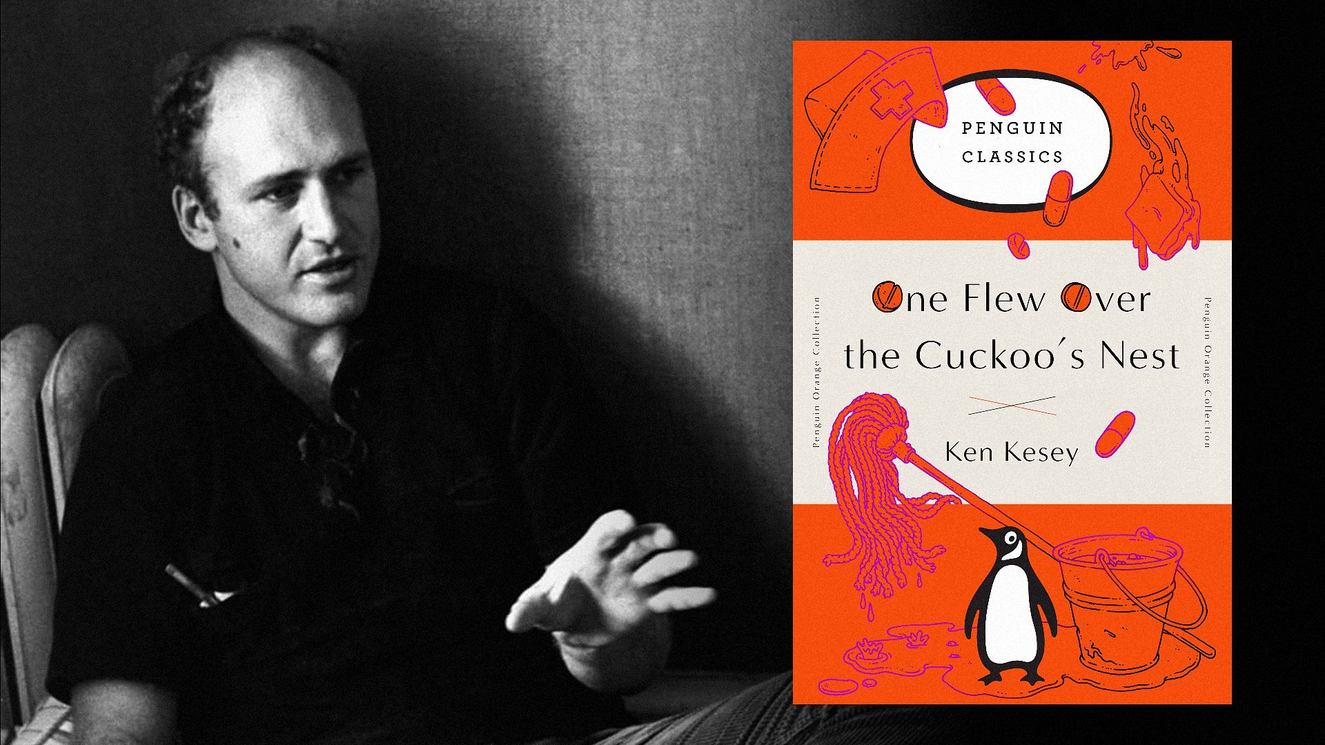Писатель Кен Кизи сидит в черной одежде, рядом обложка книги, на которой есть ведро и швабра