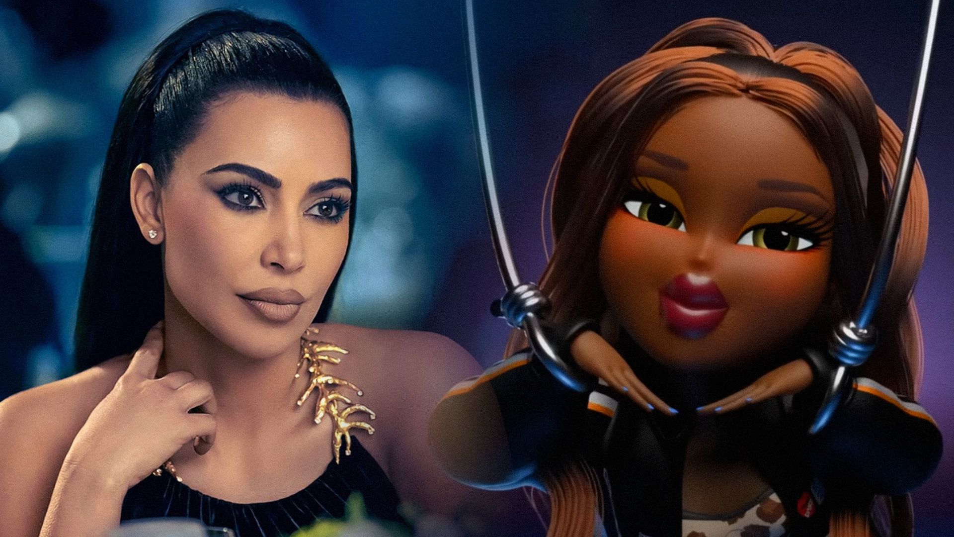 Актриса Ким Кардашьян в черном платье на синем фоне, кукла Bratz в черном костюме