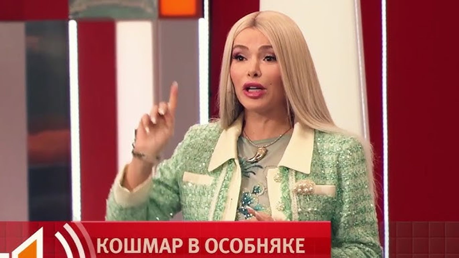 Алёна Кравец с длинными светлыми волосами выступает в студии ток-шоу, на экране заголовок «Кошмар в особняке»