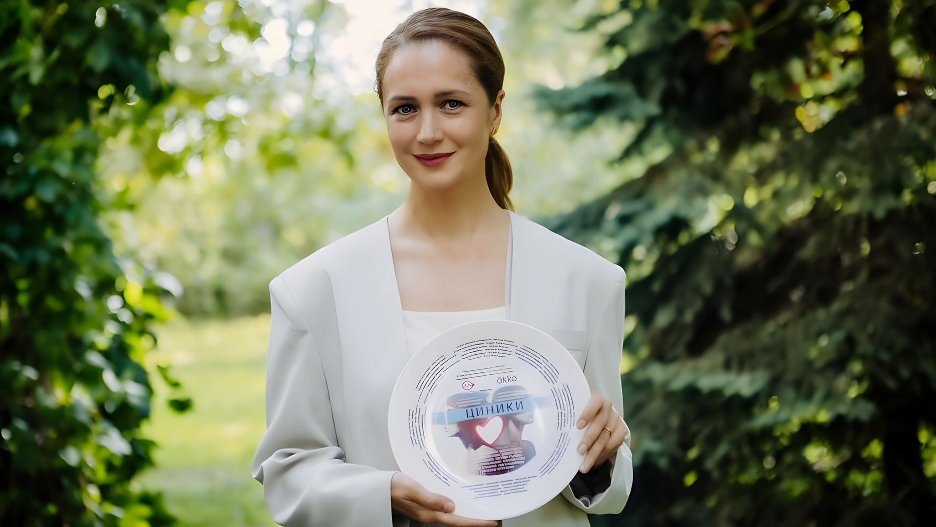 Виктория Исакова в светлом костюме держит тарелку с постером фильма "Циники" на фоне зелёных деревьев