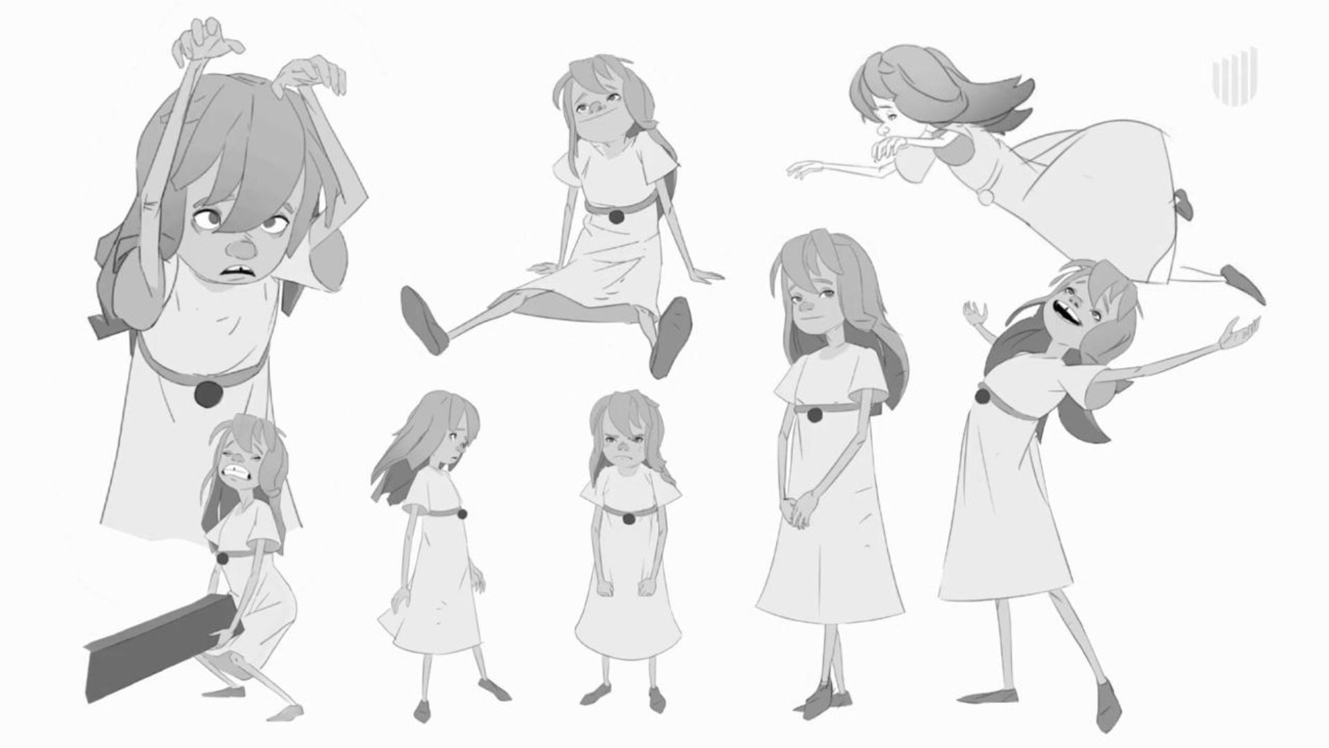 Мультяшная девочка в платье изображает различные эмоции