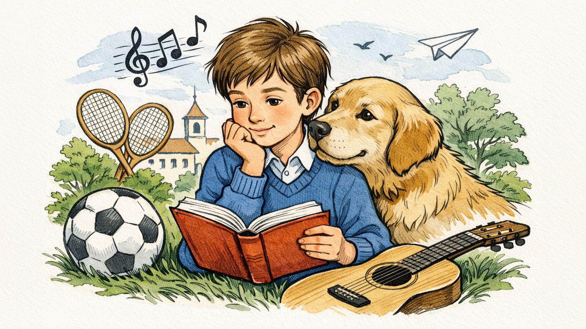 Мальчик читает книгу рядом с большой собакой в окружении гитары, мяча и теннисных ракеток