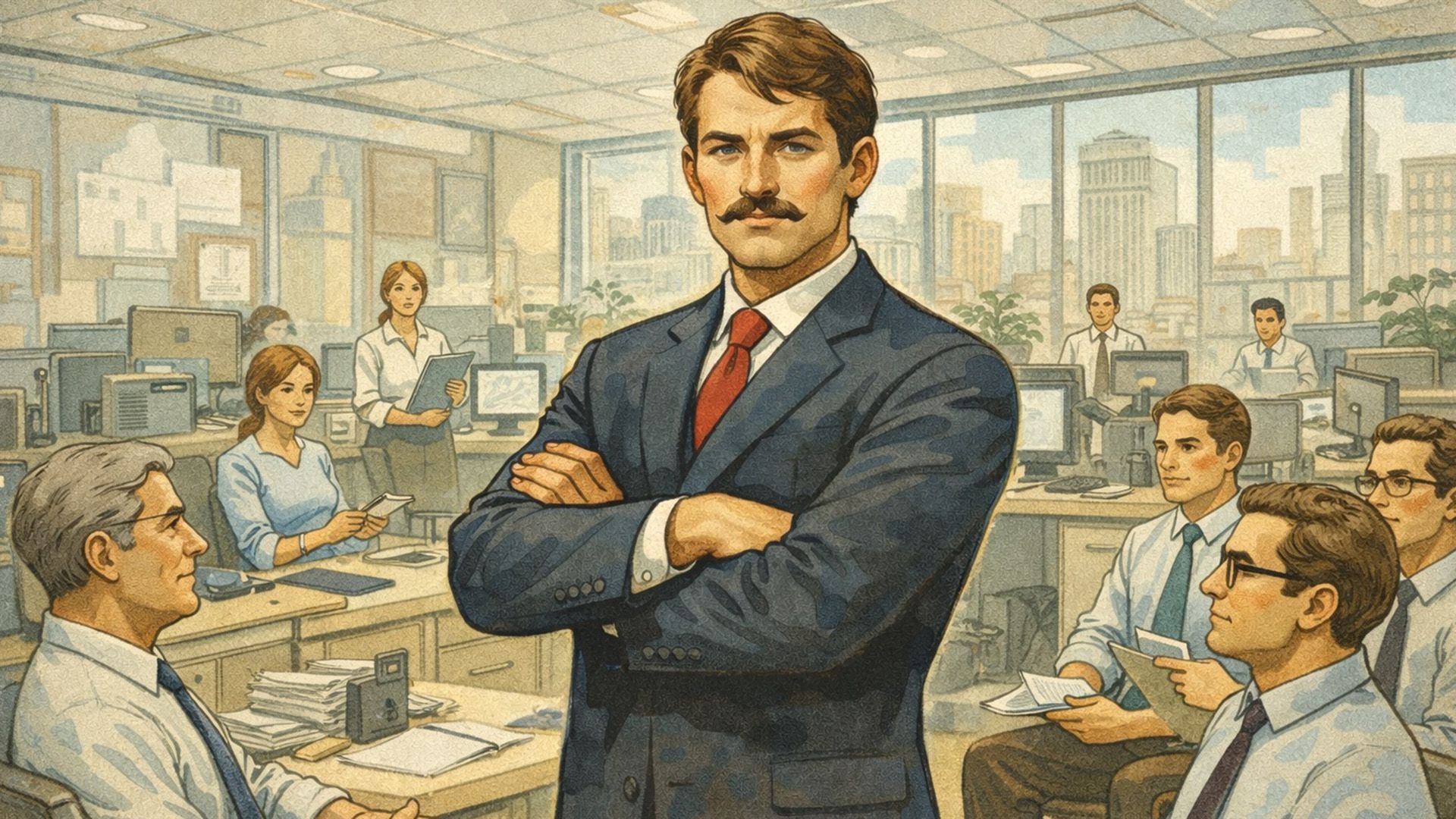 Мужчина в пиджаке стоит, скрестив руки на груди, посреди офиса