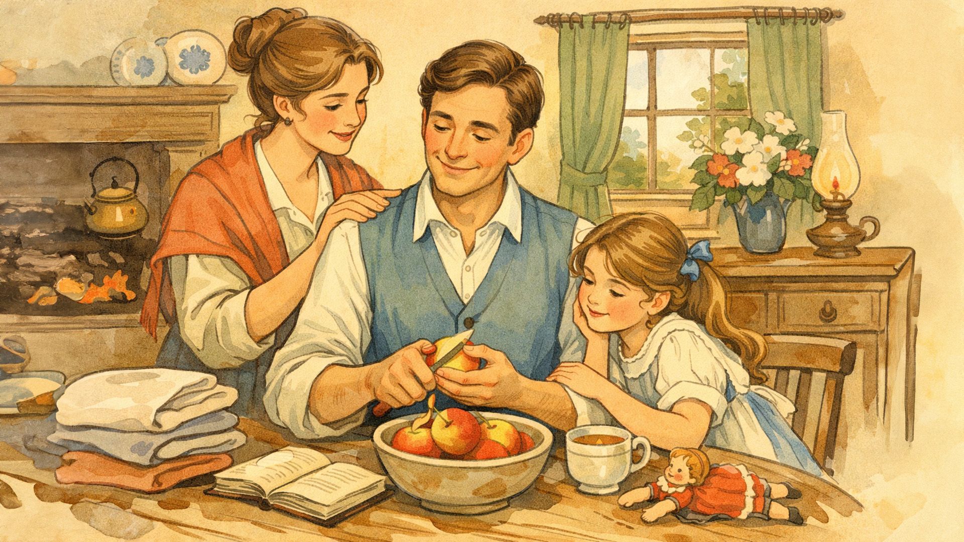 Мужчина за столом чистит яблоко, рядом сидит маленькая дочь с куклой и стоит его жена