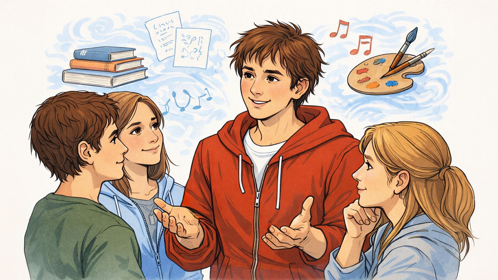 Молодой мужчина в красной толстовке что-то рассказывает нескольким собеседникам, которые с интересом его слушают