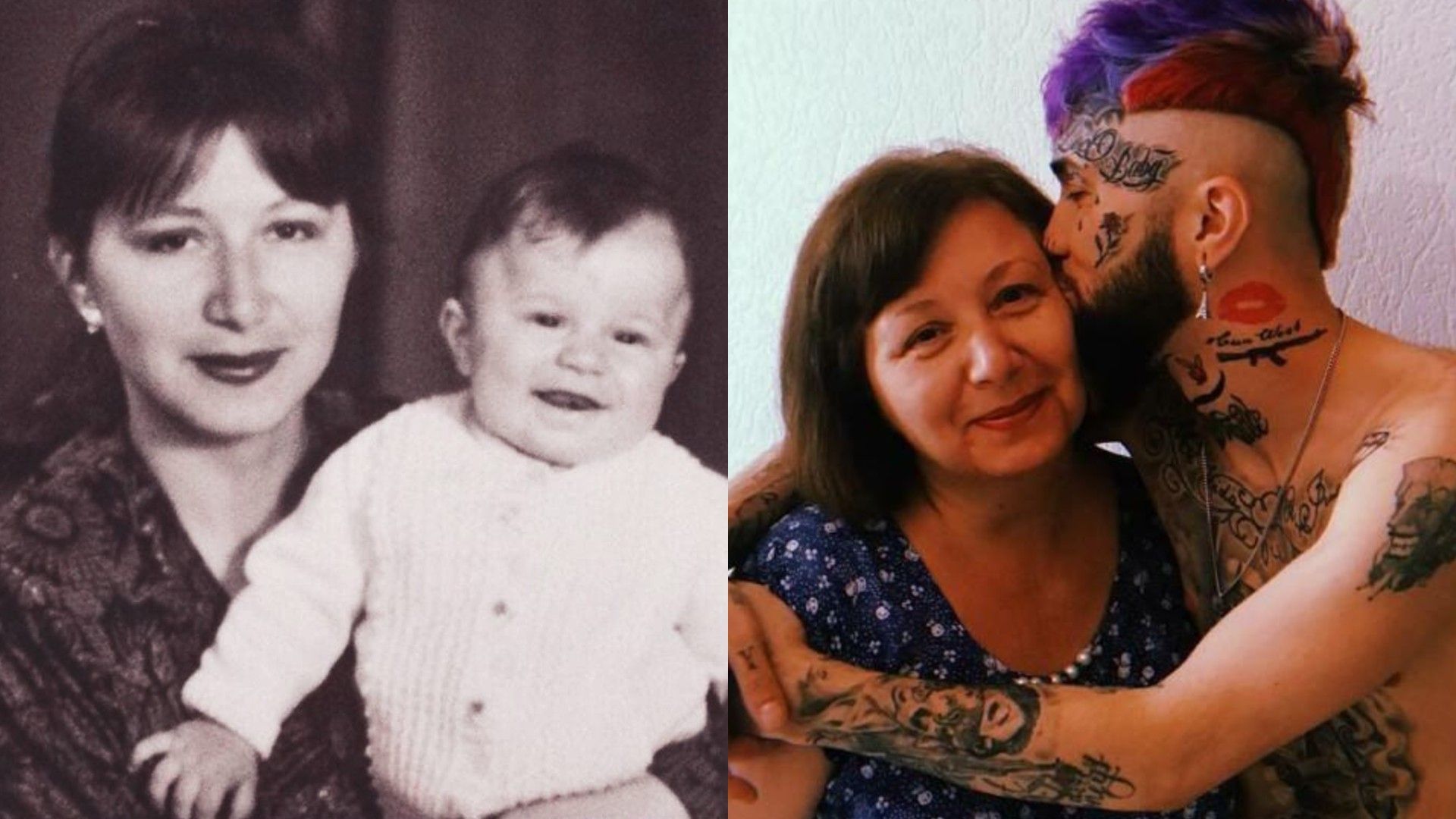 Рэпер Ганвест и его мама, коллаж из двух фото: слева он в детстве, справа в наши дни