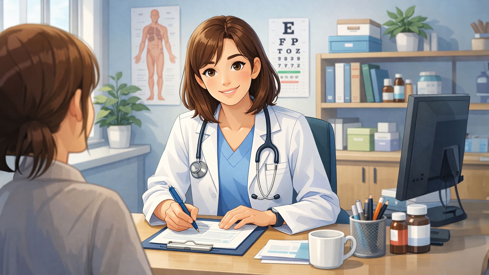 Девушка-врач в белом халате за письменным столом ведёт приём пациента