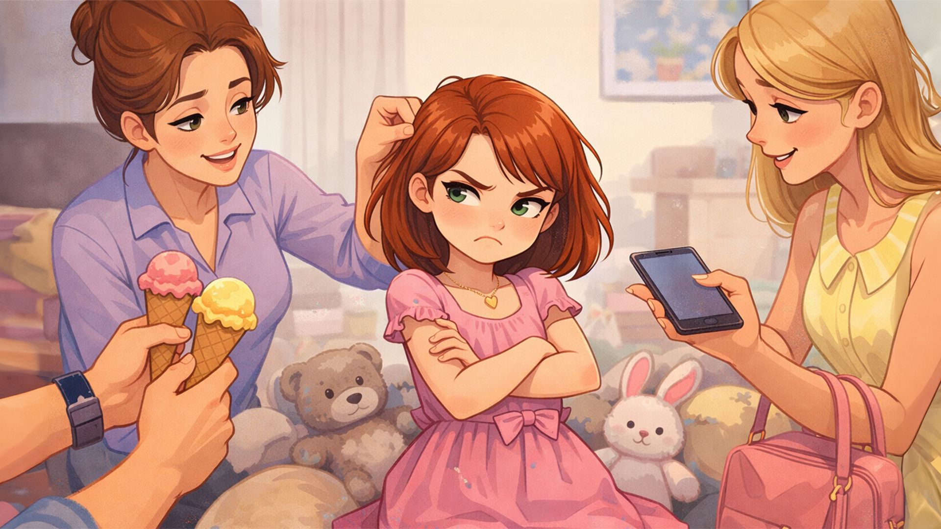 Маленькая девочка с капризным лицом в комнате, полной игрушек, к ней тянутся руки взрослых с подарками