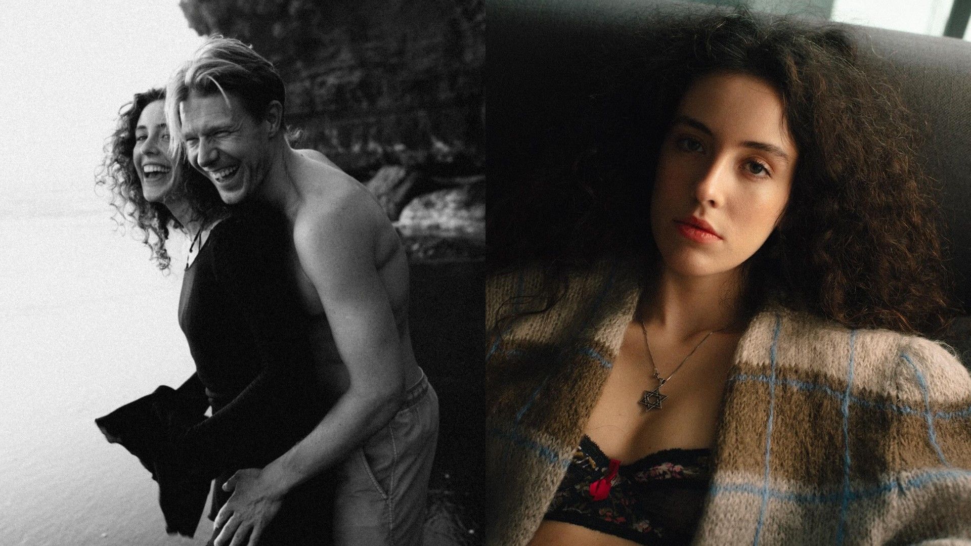 Никита Ефремов и Софья Гершевич обнимаются, чёрно-белое фото, справа лицо Софьи крупным планом