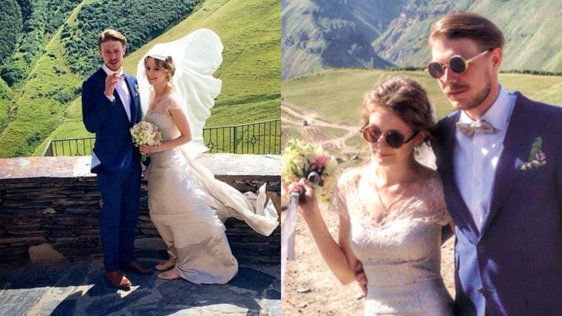 Никита Ефремов и Яна Гладких в свадебных нарядах на фоне гор