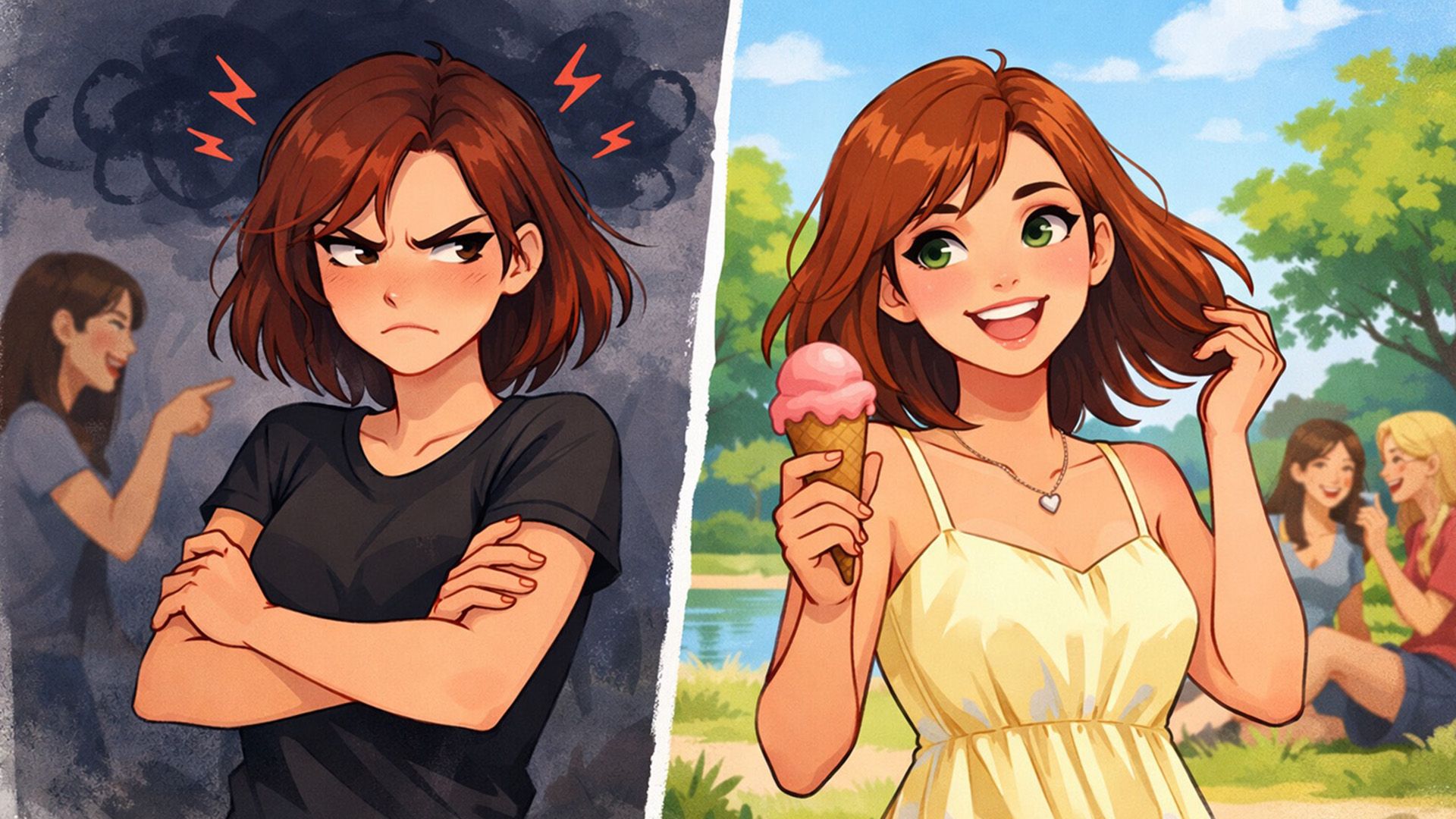 На левой половине сердитая девушка на тёмном фоне; на правой – радостная девушка с мороженным в руке на фоне парка