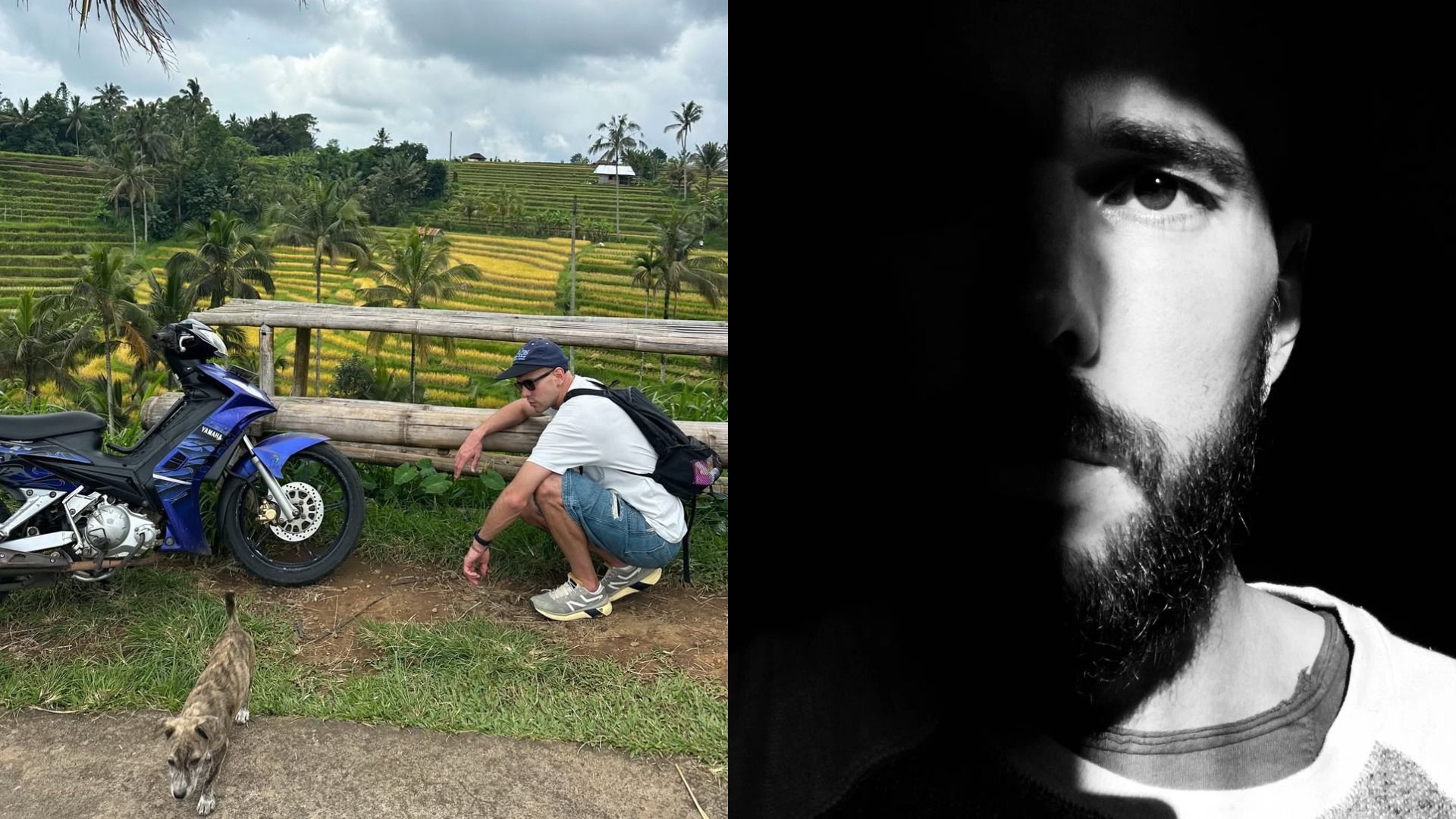 Мужчина в кепке сидит рядом с мотоциклом, справа мужчина с бородой в тени