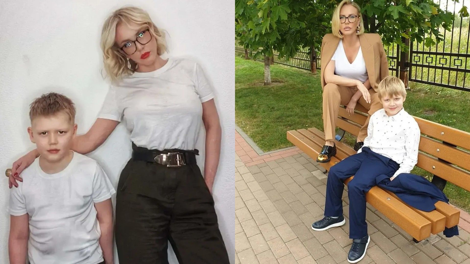 Маша Малиновская позирует с сыном Мироном, коллаж из двух фото